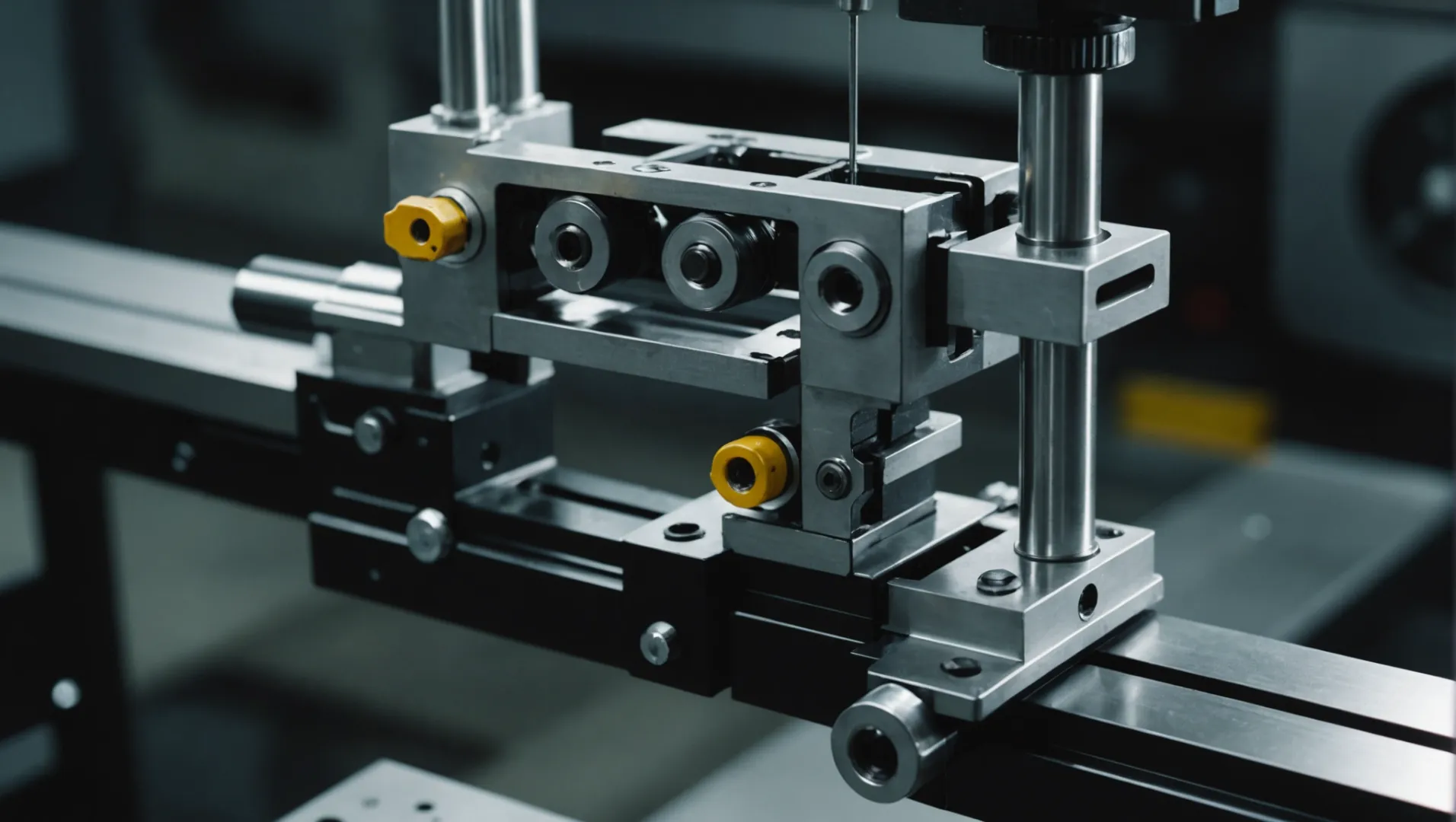 Close-up of mechanical clamping system in action on a small precision product.