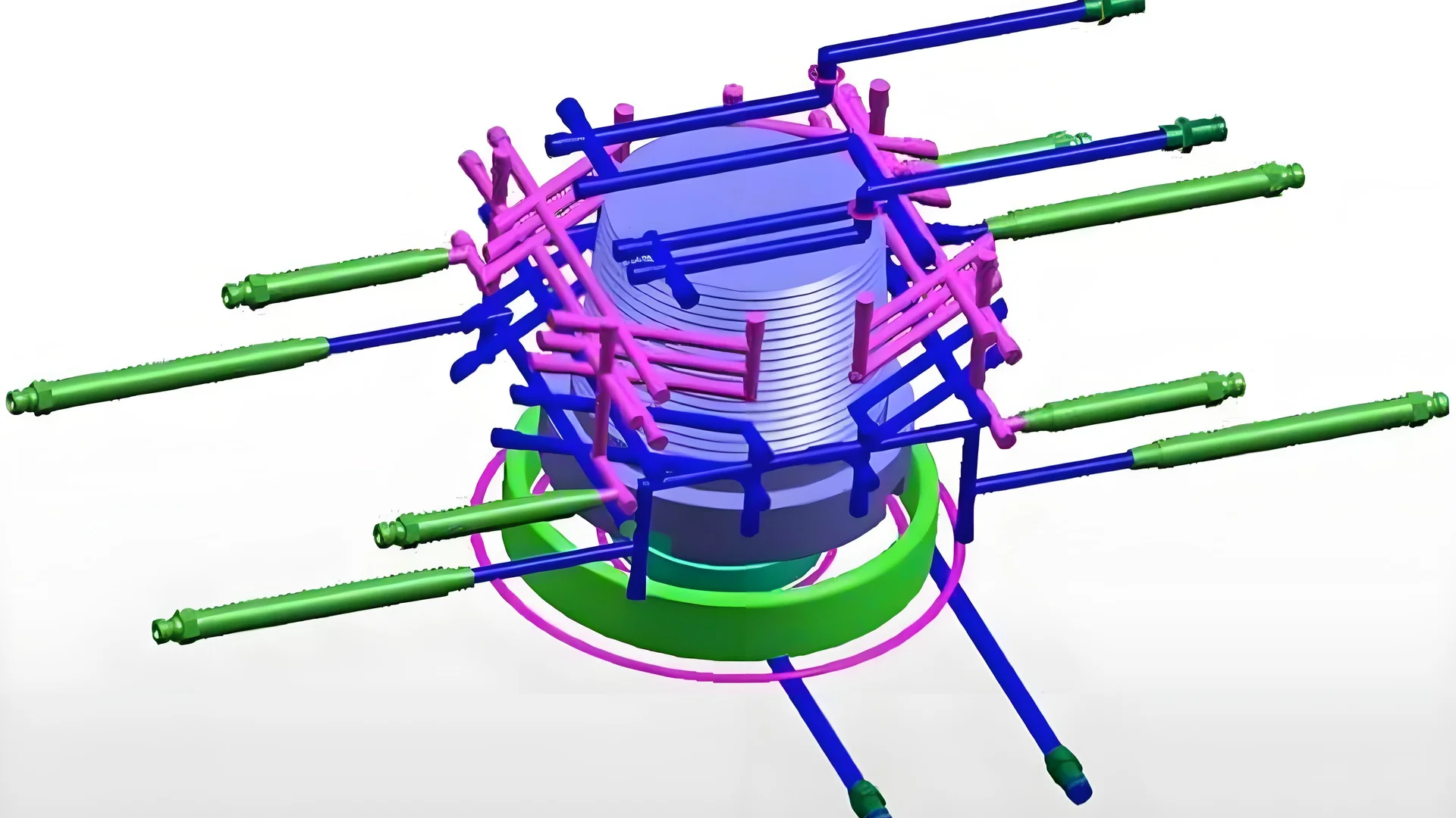 Intricate cooling pipe system in an injection mold setup