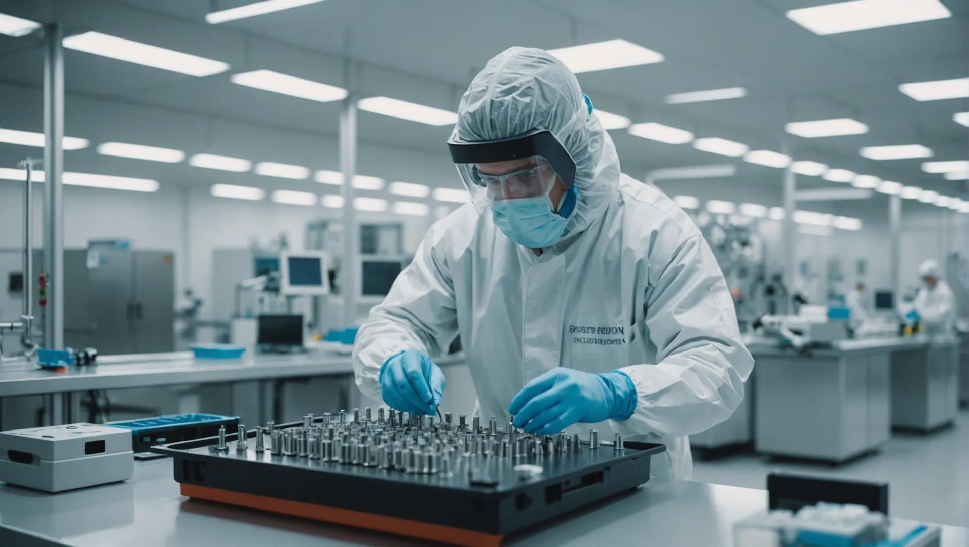 A technician in a cleanroom inspecting medical injection molded parts