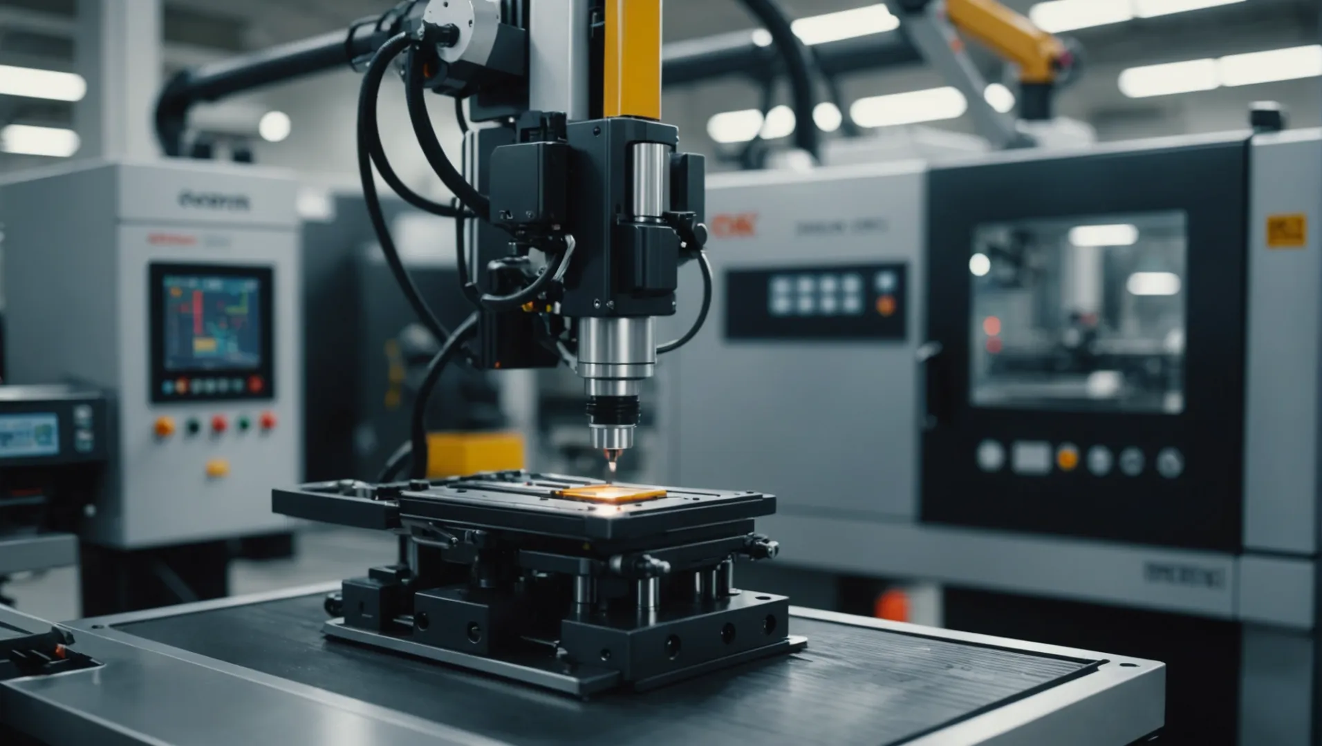 Close-up of a micro-injection molding machine in operation, showcasing precision engineering