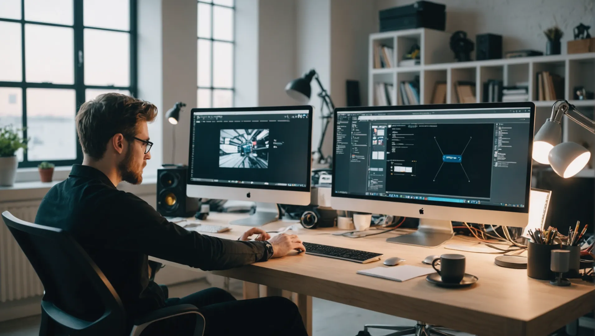 A modern product design workspace with a computer and prototype parts