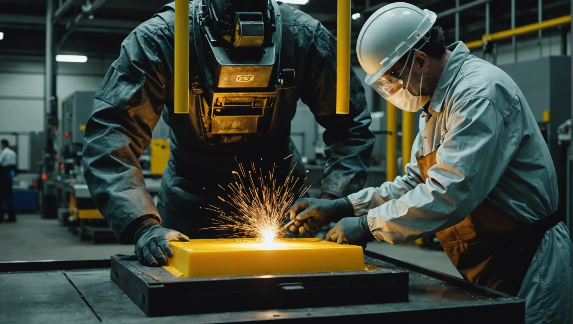 Technician applying mold coating in an industrial setting