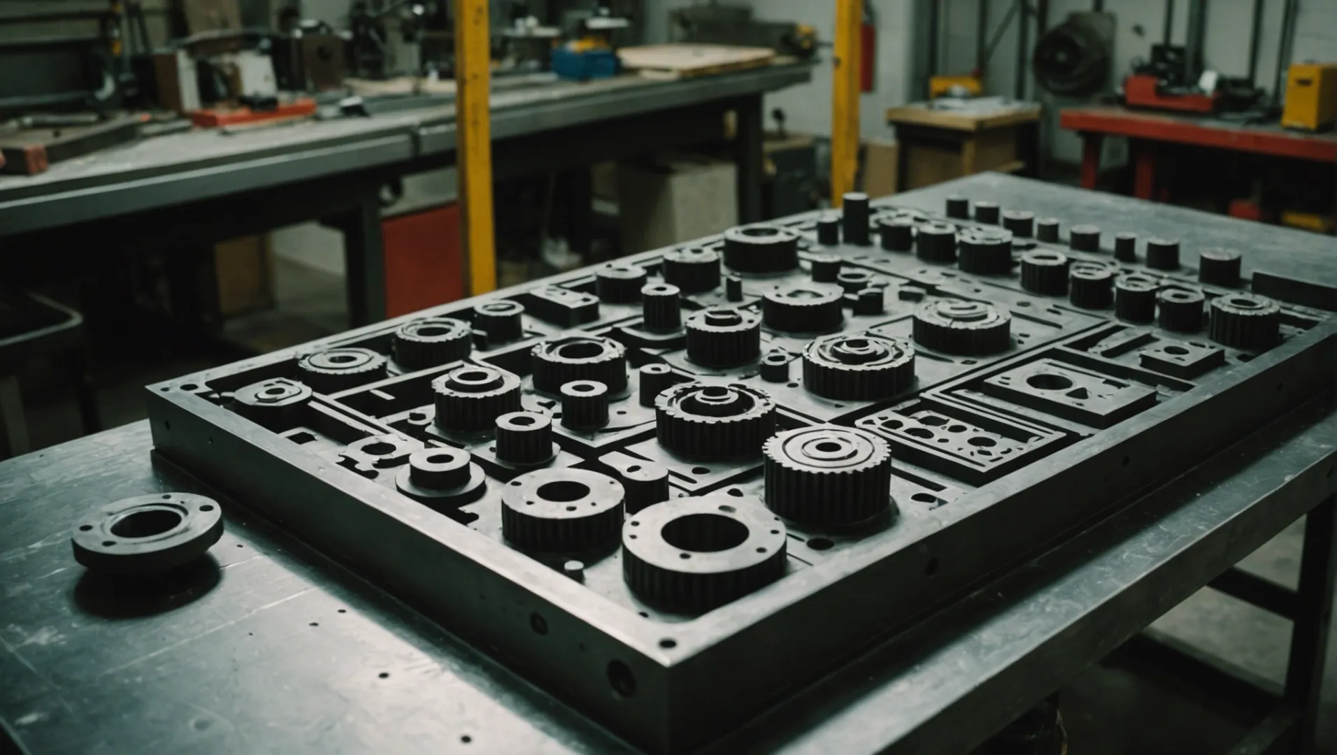 A complex industrial mold with multiple components on a workbench.