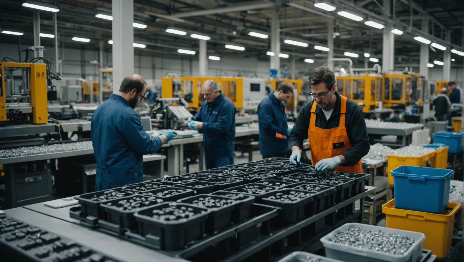 Technicians conducting mold debugging in a factory setting