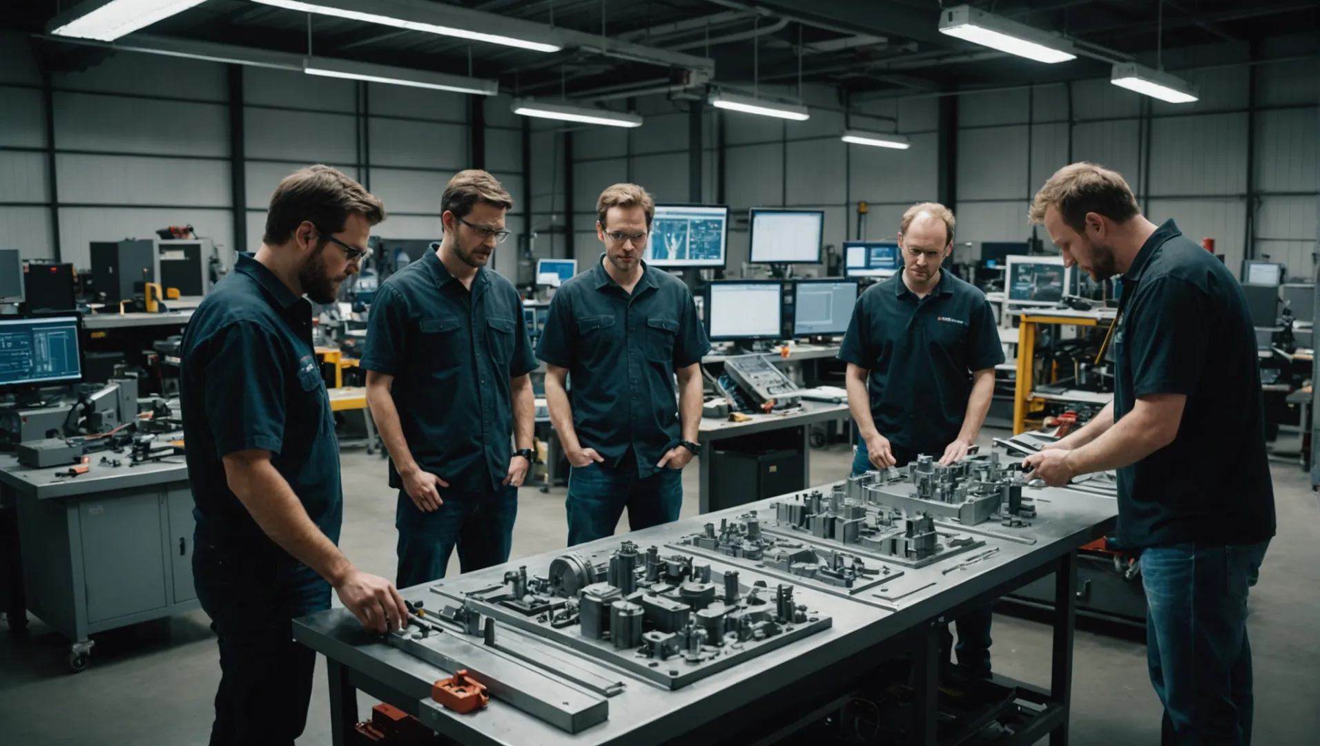 Engineers discussing mold design changes in a workshop