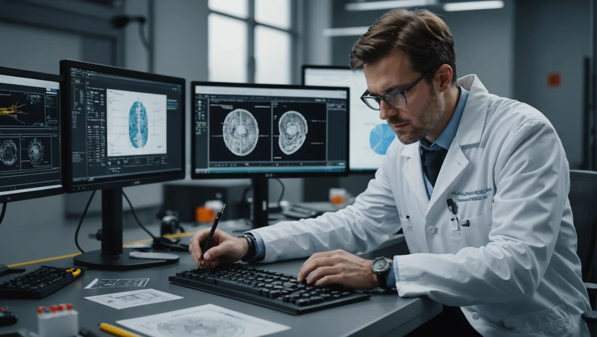 An engineer analyzing a 3D model of an injection mold design on a computer screen.