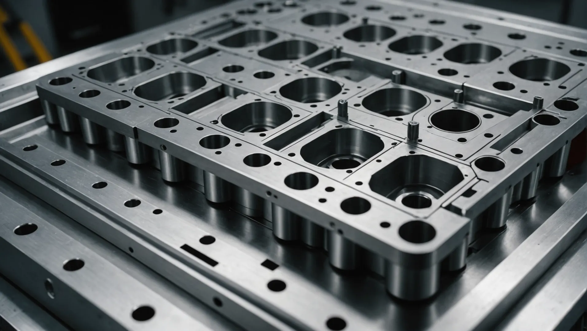 Close-up of a detailed injection mold showcasing runner and cavity design