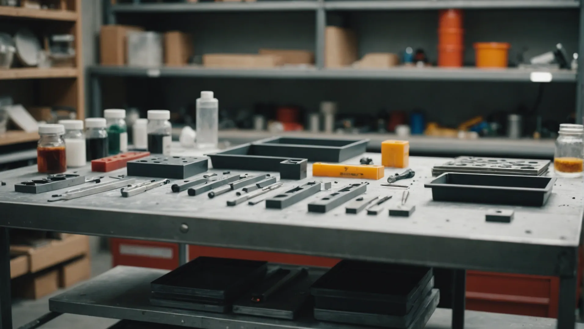 A selection of mold materials including polycarbonate, polypropylene, and stainless steel displayed in a workshop.