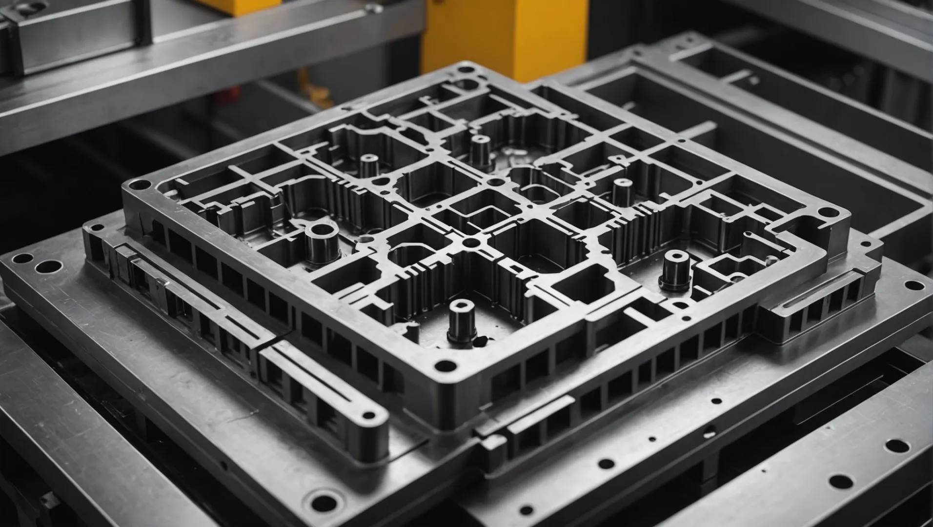 3D rendering of a mold design for injection molding with emphasis on uniform wall thickness and cooling channels.