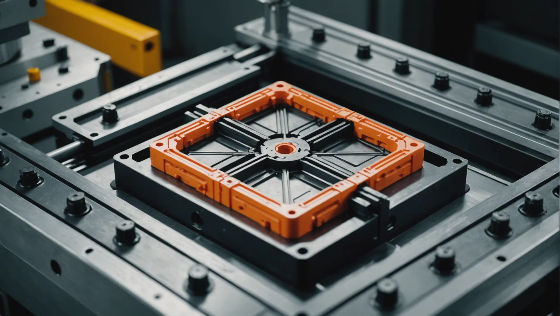 A detailed mold design for plastic injection with highlighted elements like gate size, runner design, and surface texture.