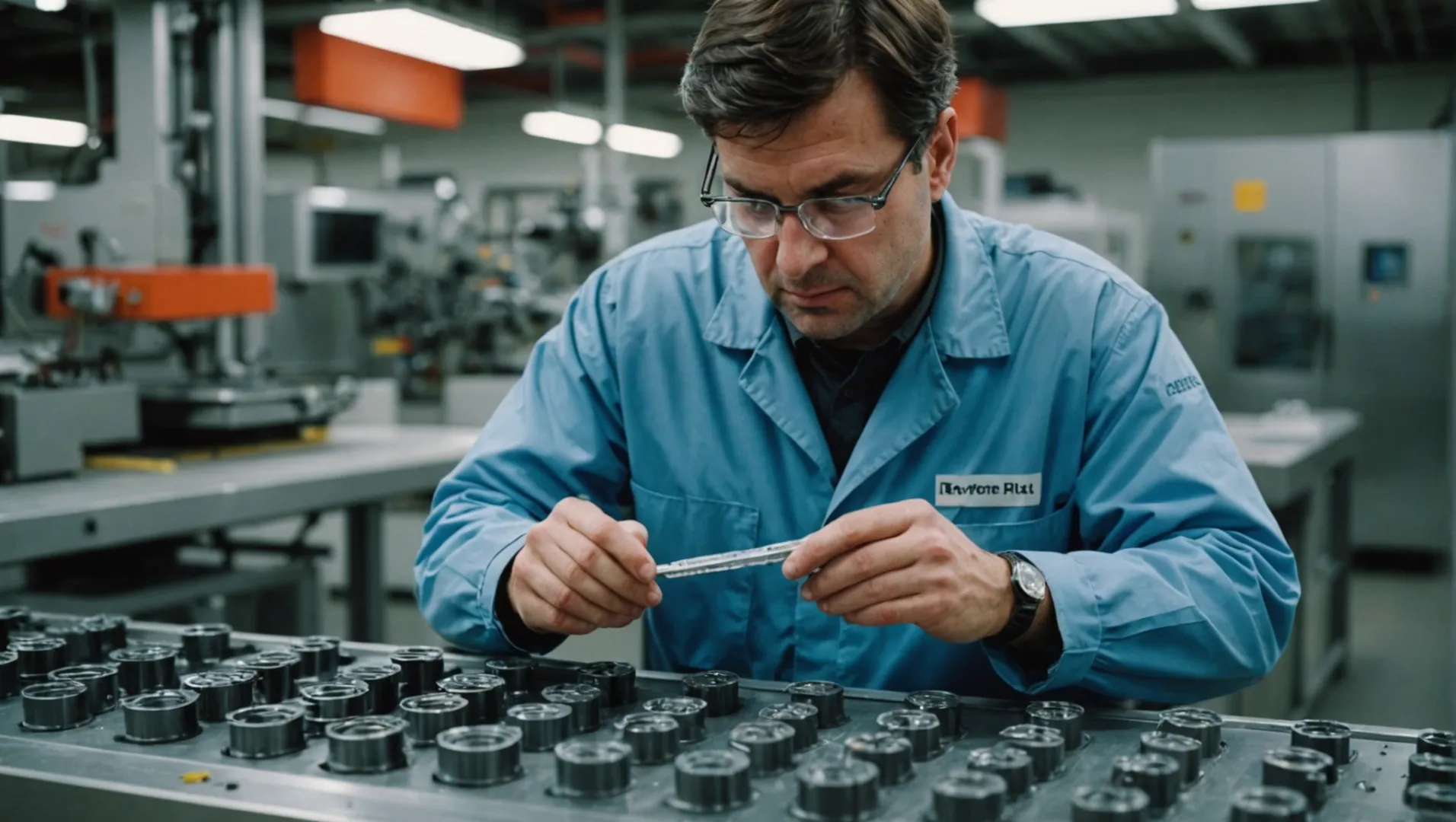 An engineer examines an injection mold for PET and PLA cups in a manufacturing setting.