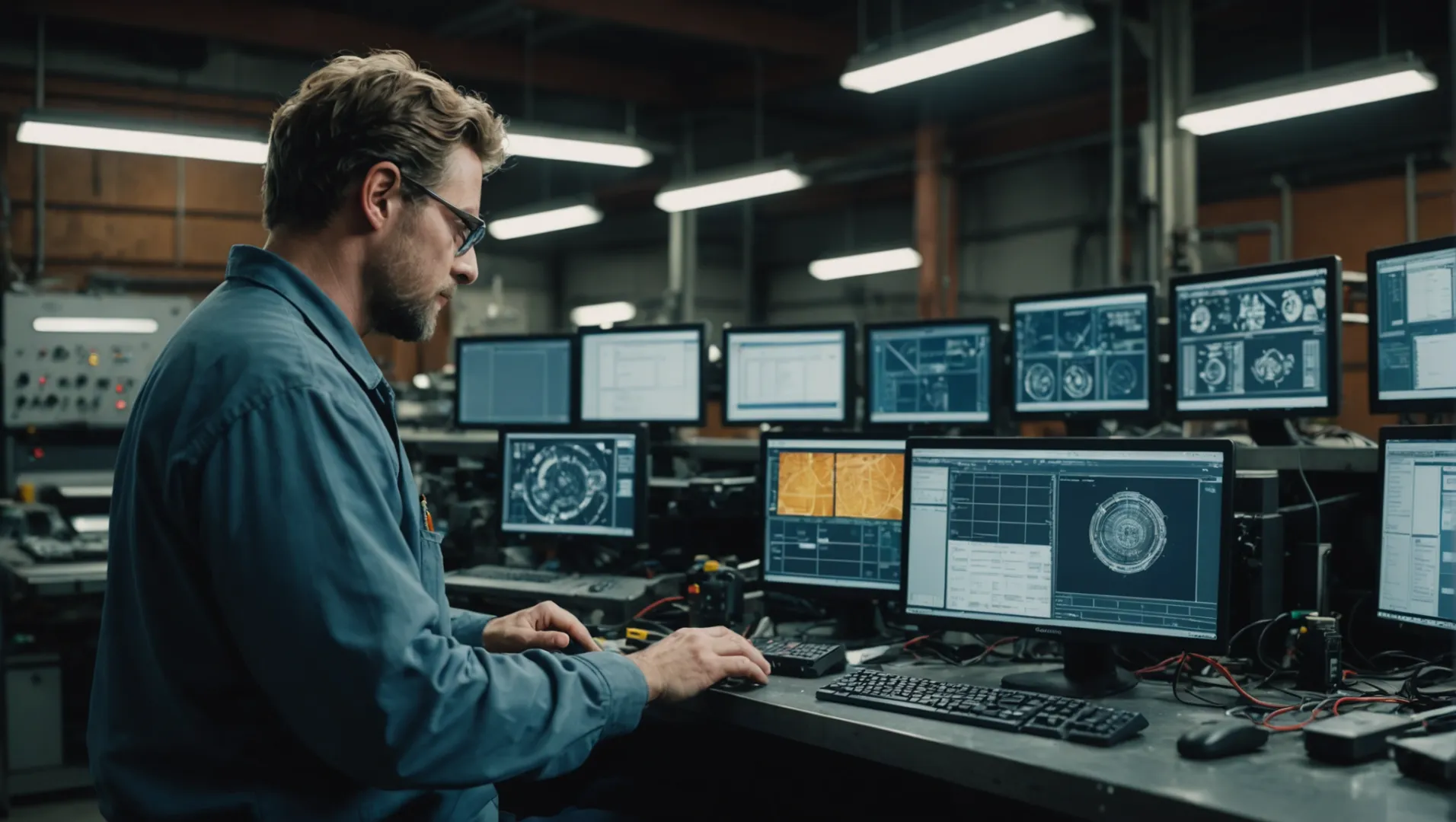 A technician inspecting a complex mold design on a computer screen in an industrial setting.