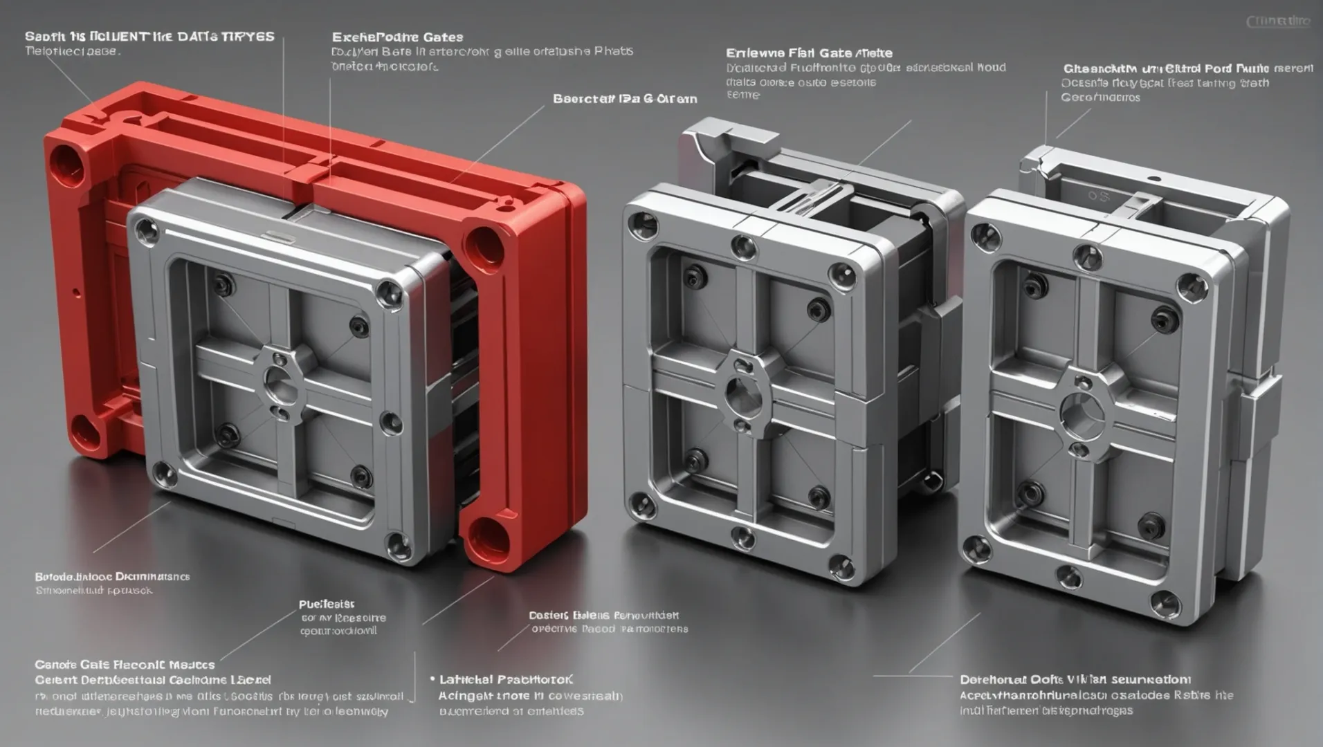 Illustration of various injection molding gate designs with labels