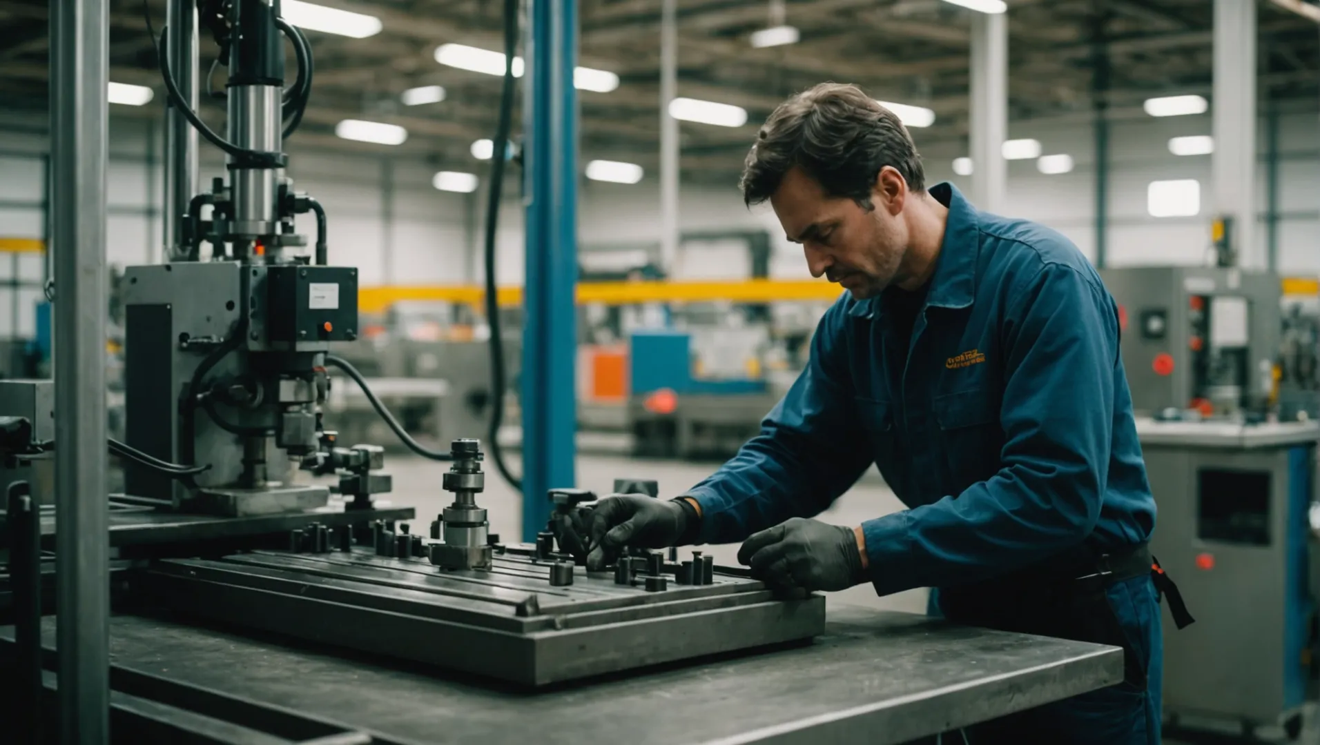 Factory worker performing maintenance on industrial mold machine