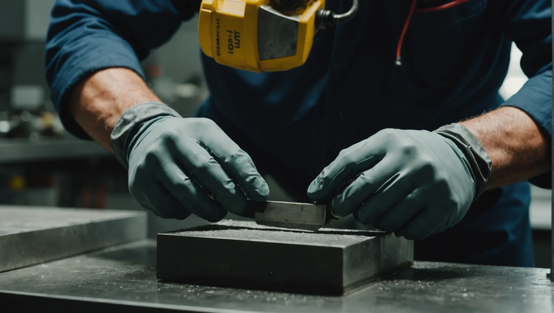 Close-up of a technician polishing a mold surface with a tool, showcasing the reflective surface finish.