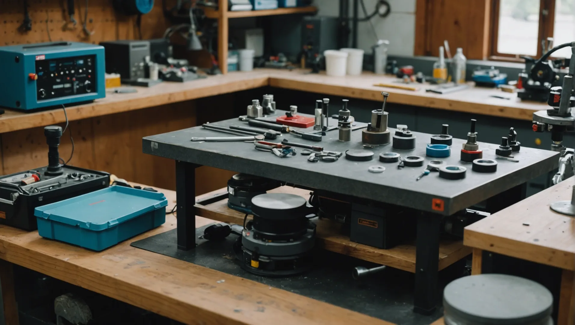 Various tools and abrasives for mold polishing arranged on a workbench