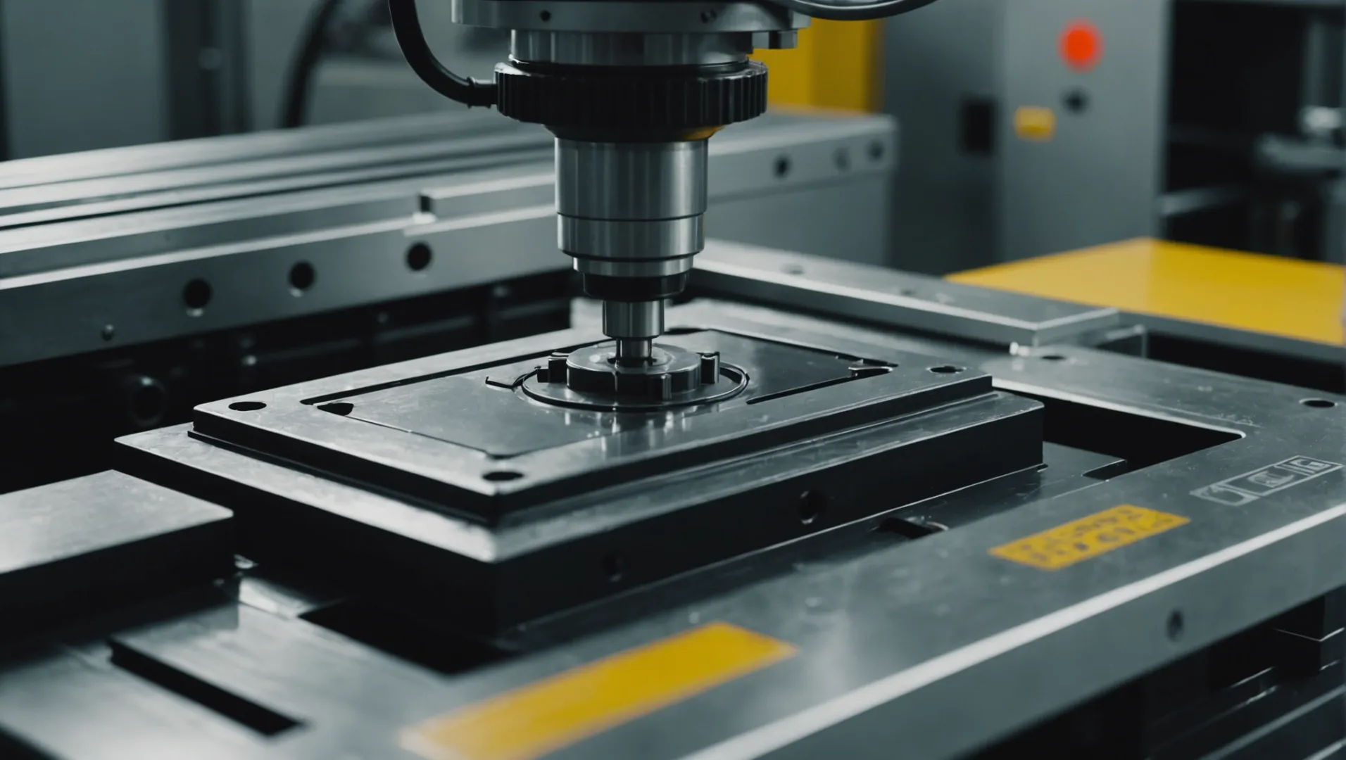 Close-up of an injection molding machine with molten plastic sticking to the mold