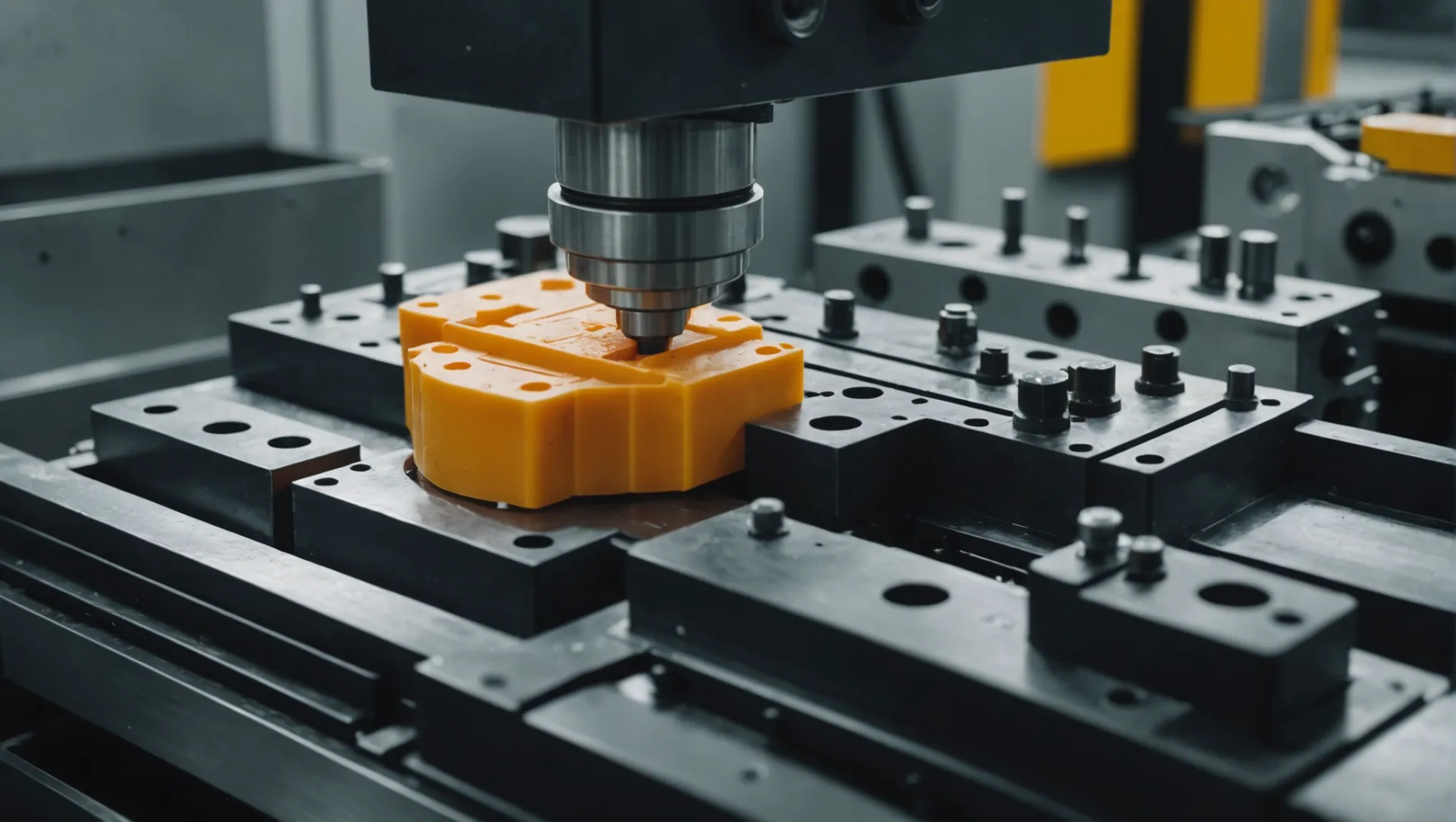 Close-up of a mold cavity with plastic being injected, showing detailed mold components.