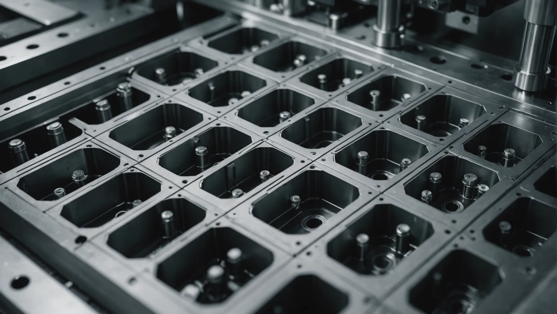 Close-up view of a multi-cavity mold in action during an injection molding process