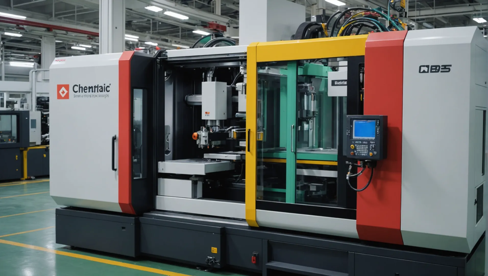 Multi-color injection molding machine in action with vibrant plastic components