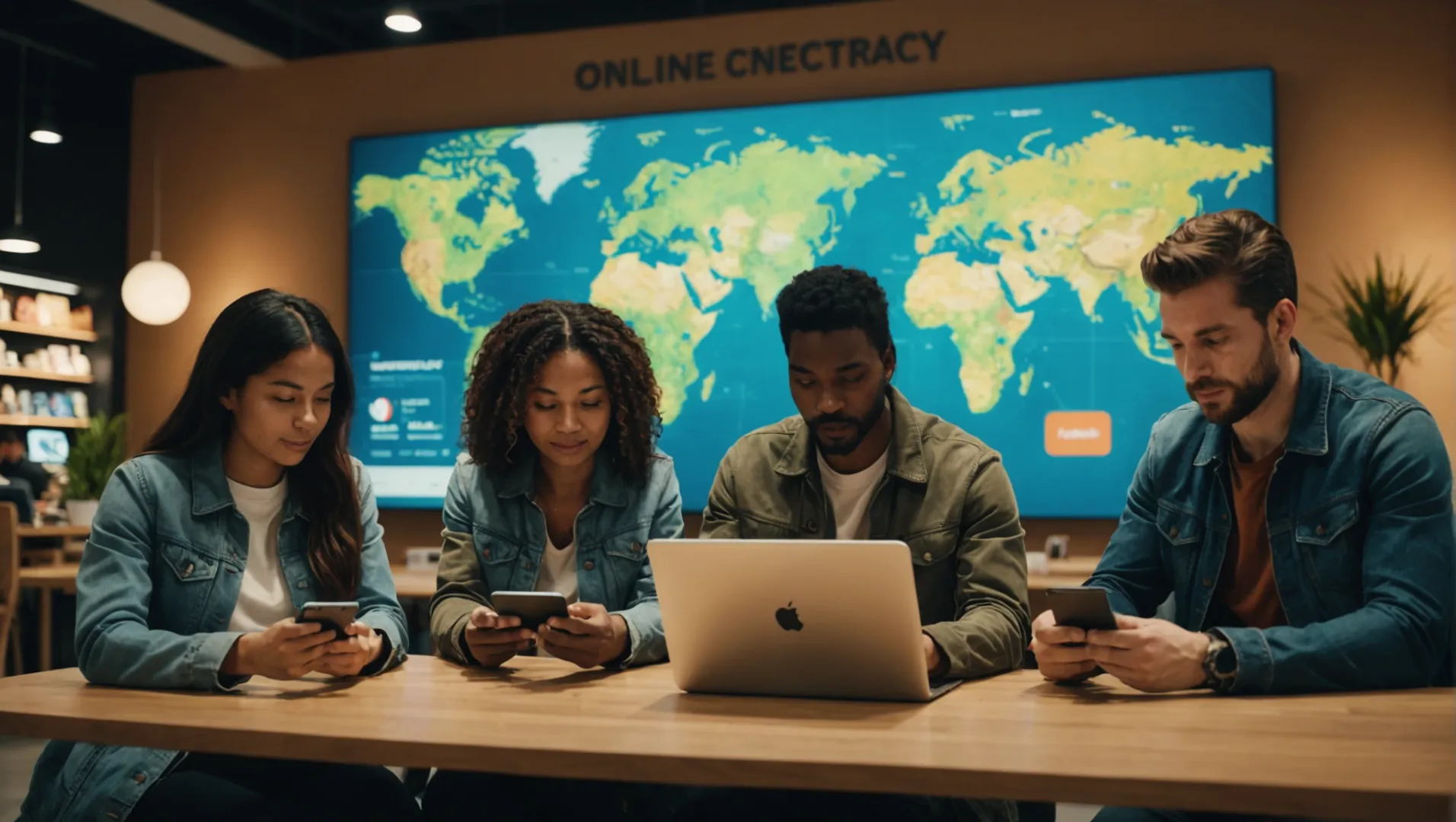 People shopping online using various devices with a world map background