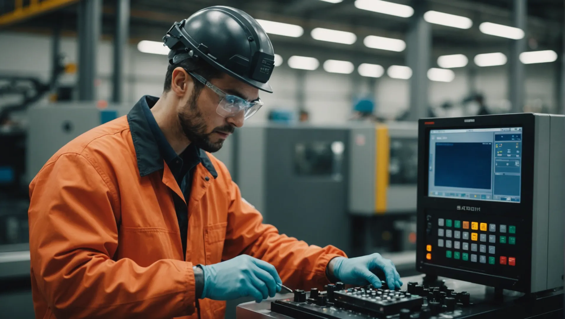 An injection molding operator adjusting machine settings in a factory