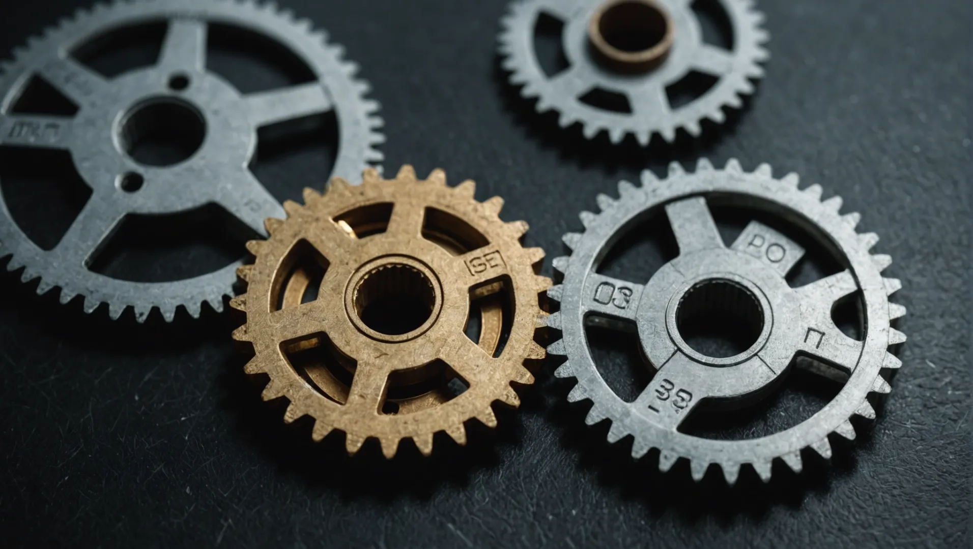 A comparison of PEEK, POM, and PA66 plastic gears on a mechanical backdrop.