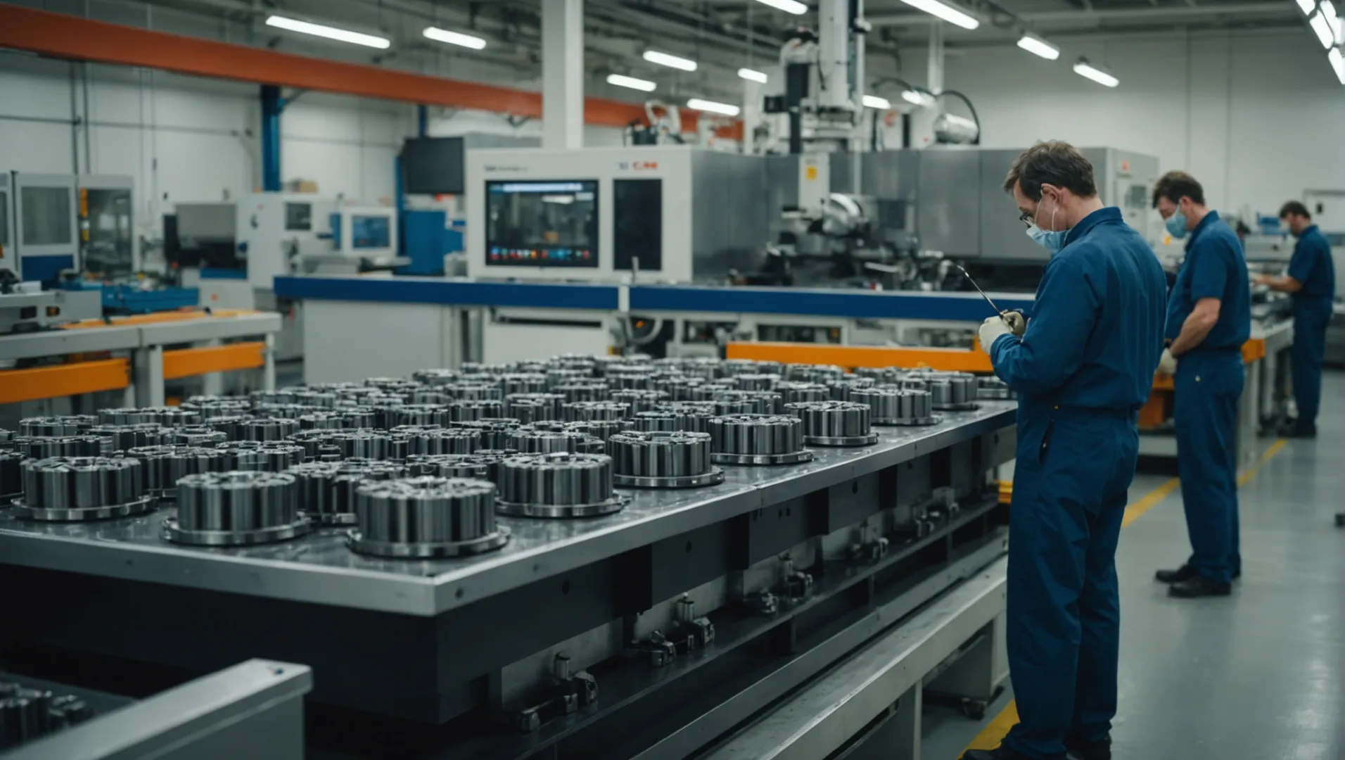 A technician examining a plastic injection mold in a factory