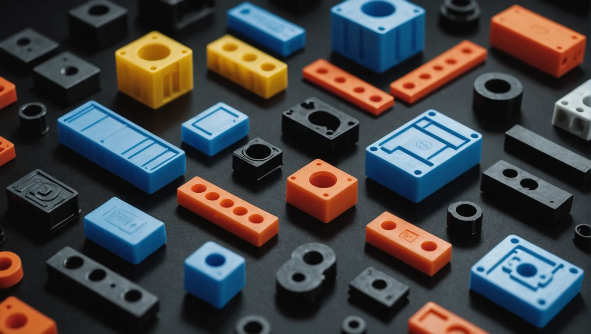 Close-up of strong and durable plastic injection molded parts in various shapes.