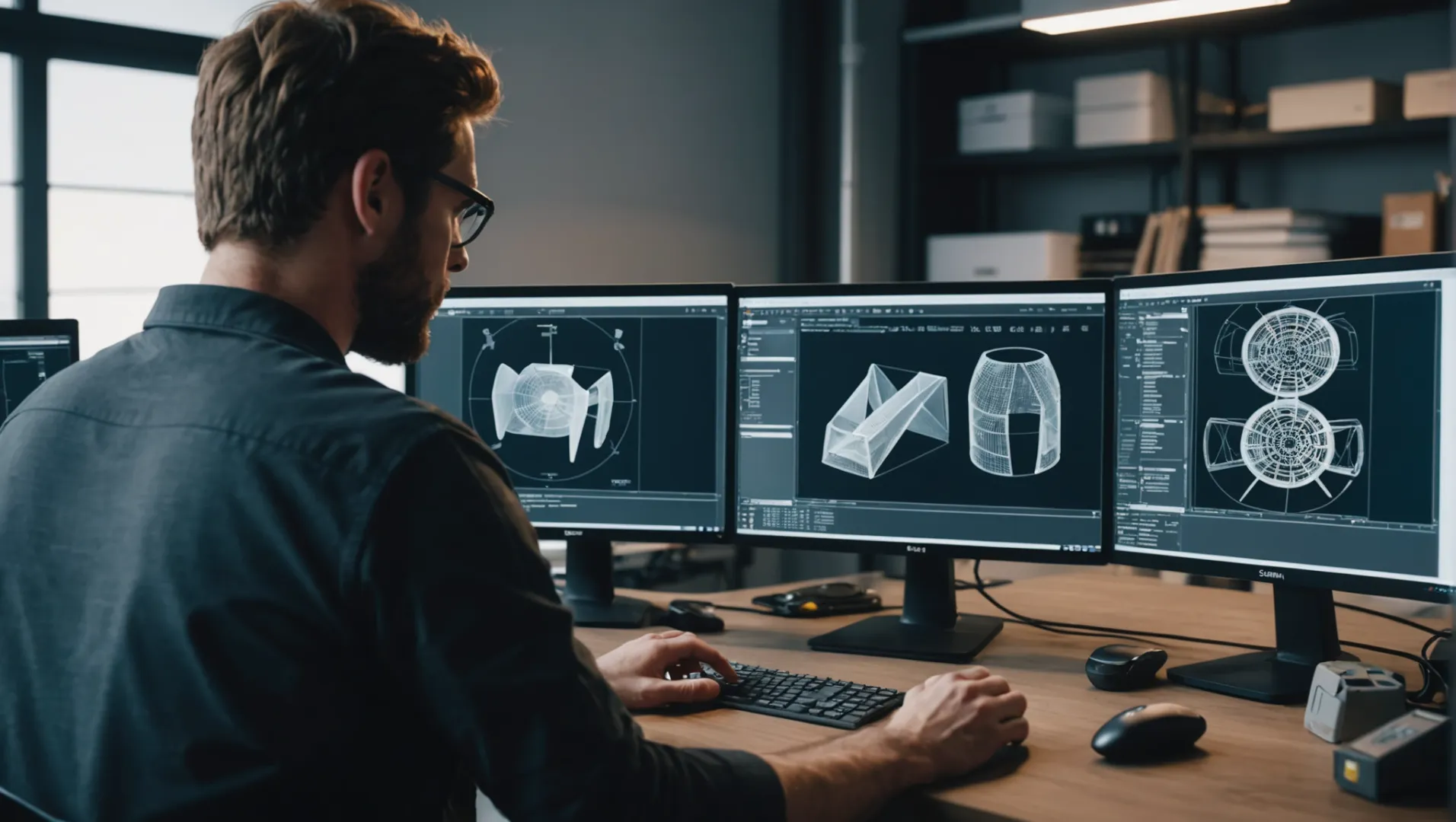 A designer working on a CAD model for a plastic injection molded part