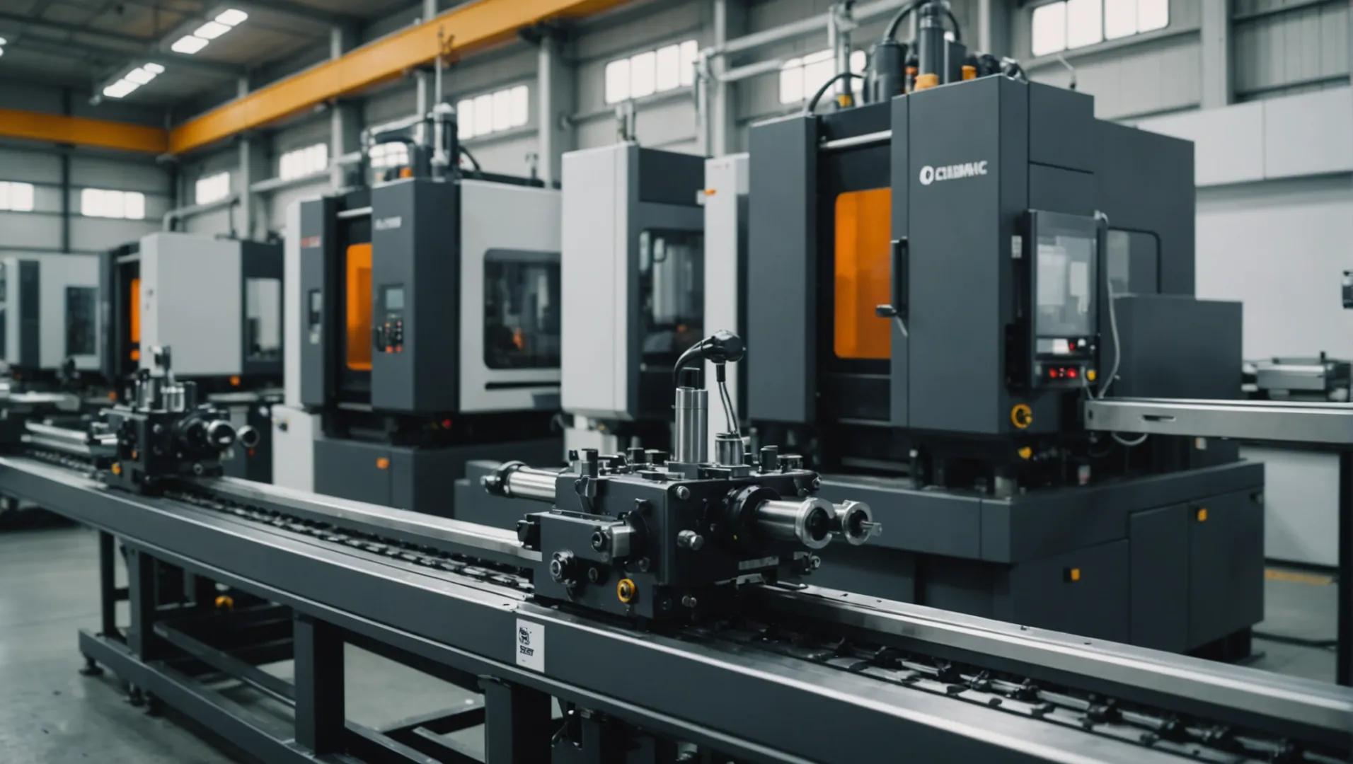 Plastic injection molding machine operating in a factory