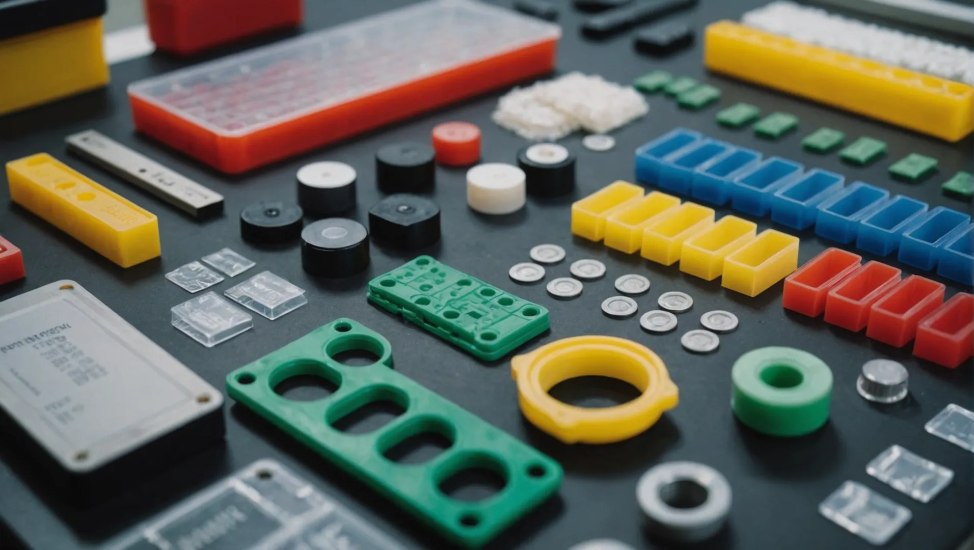 Various plastics for injection molding on a workbench