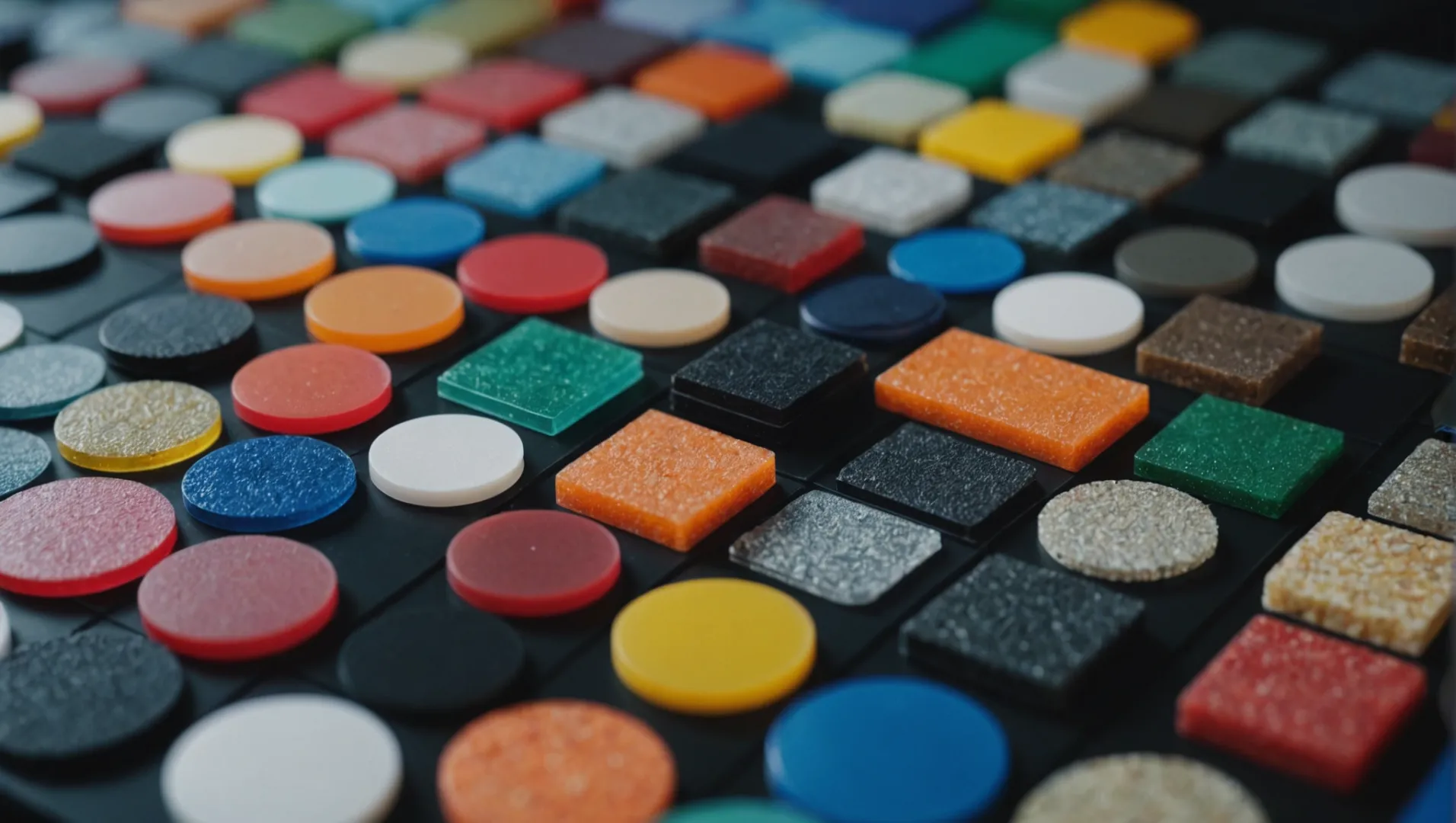 Various plastic samples with different textures and colors displayed on a table.