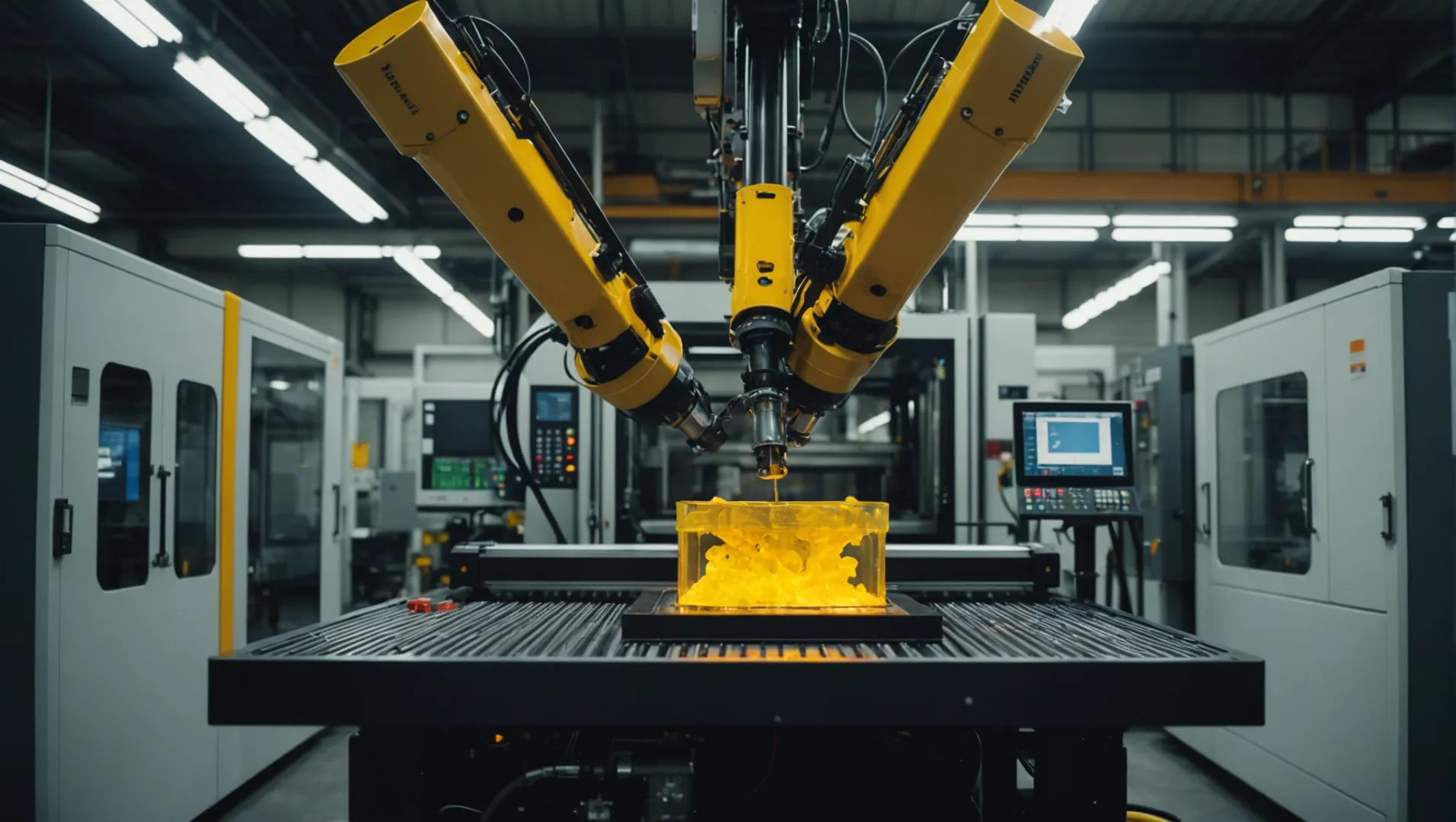 Close-up of an injection molding machine in operation, shaping plastic parts.