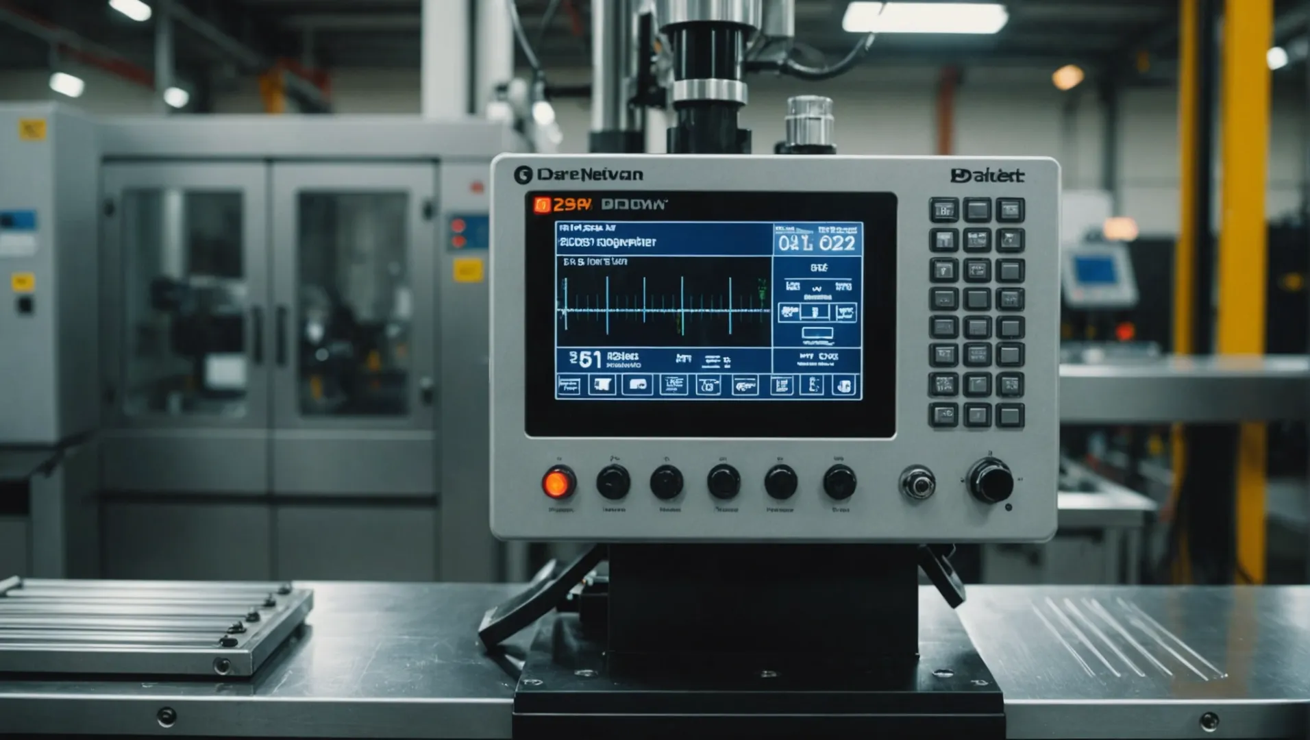 Injection molding machine with temperature control panel, plastic parts in production