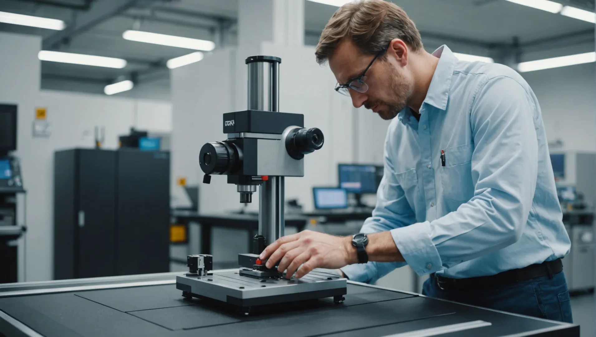 Technician using a coordinate measuring machine on a plastic component in a manufacturing facility.