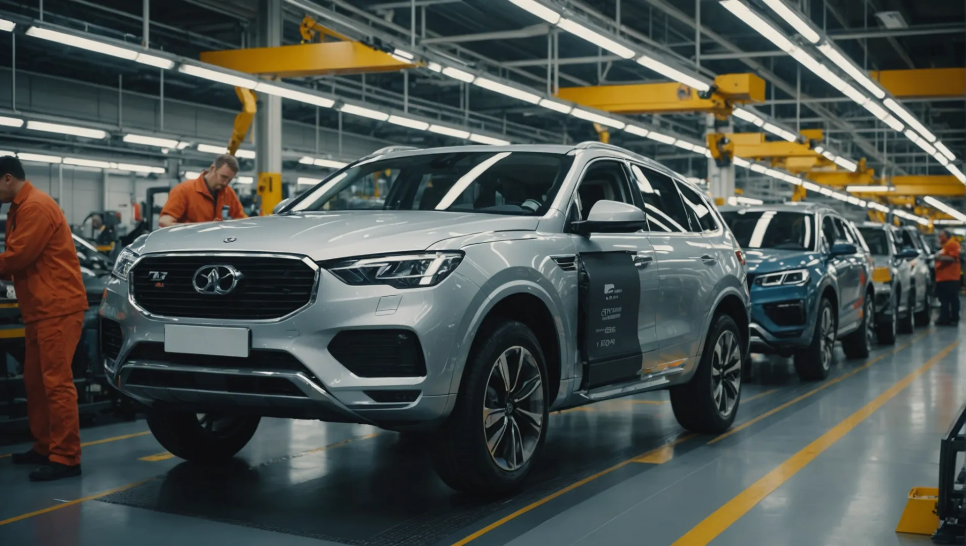 A car assembly line featuring plastic components in a factory setting