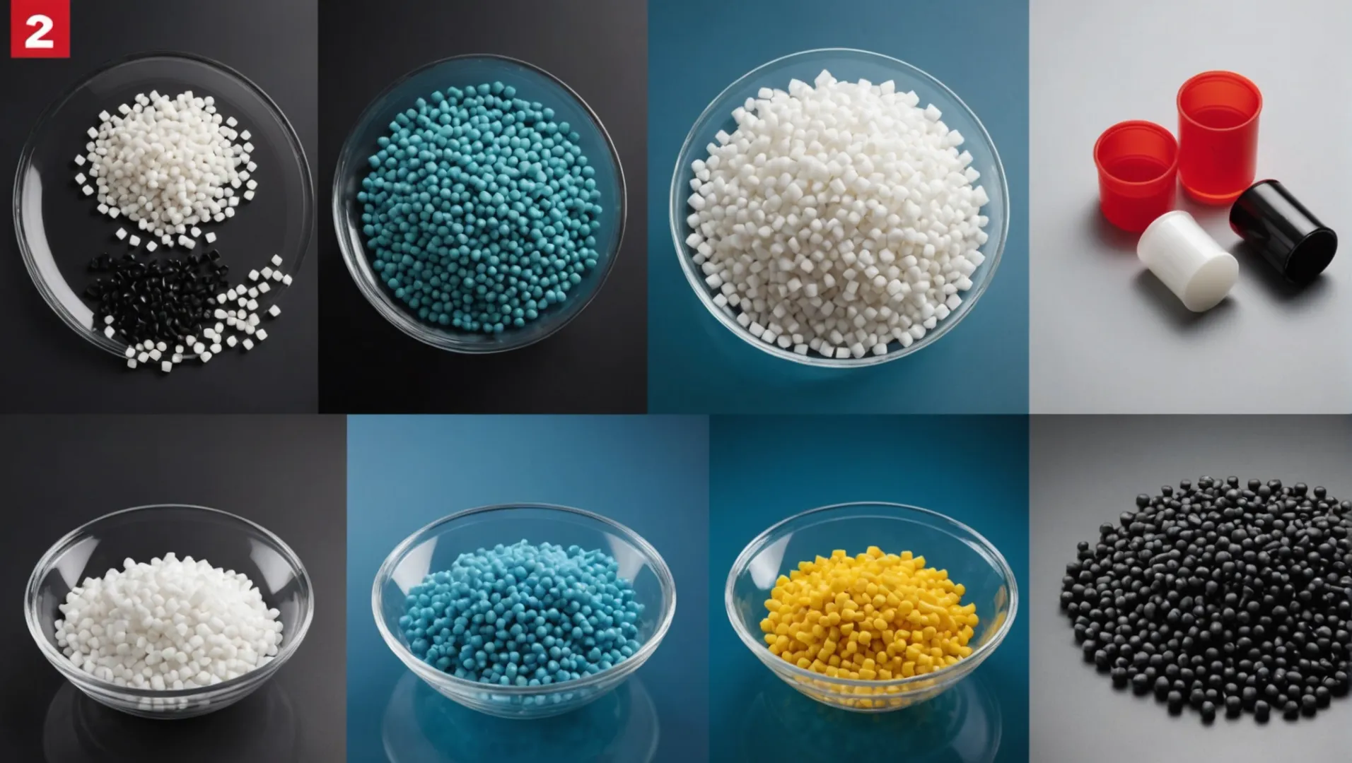 A collage showing polypropylene pellets and various plastic products for injection molding comparison.