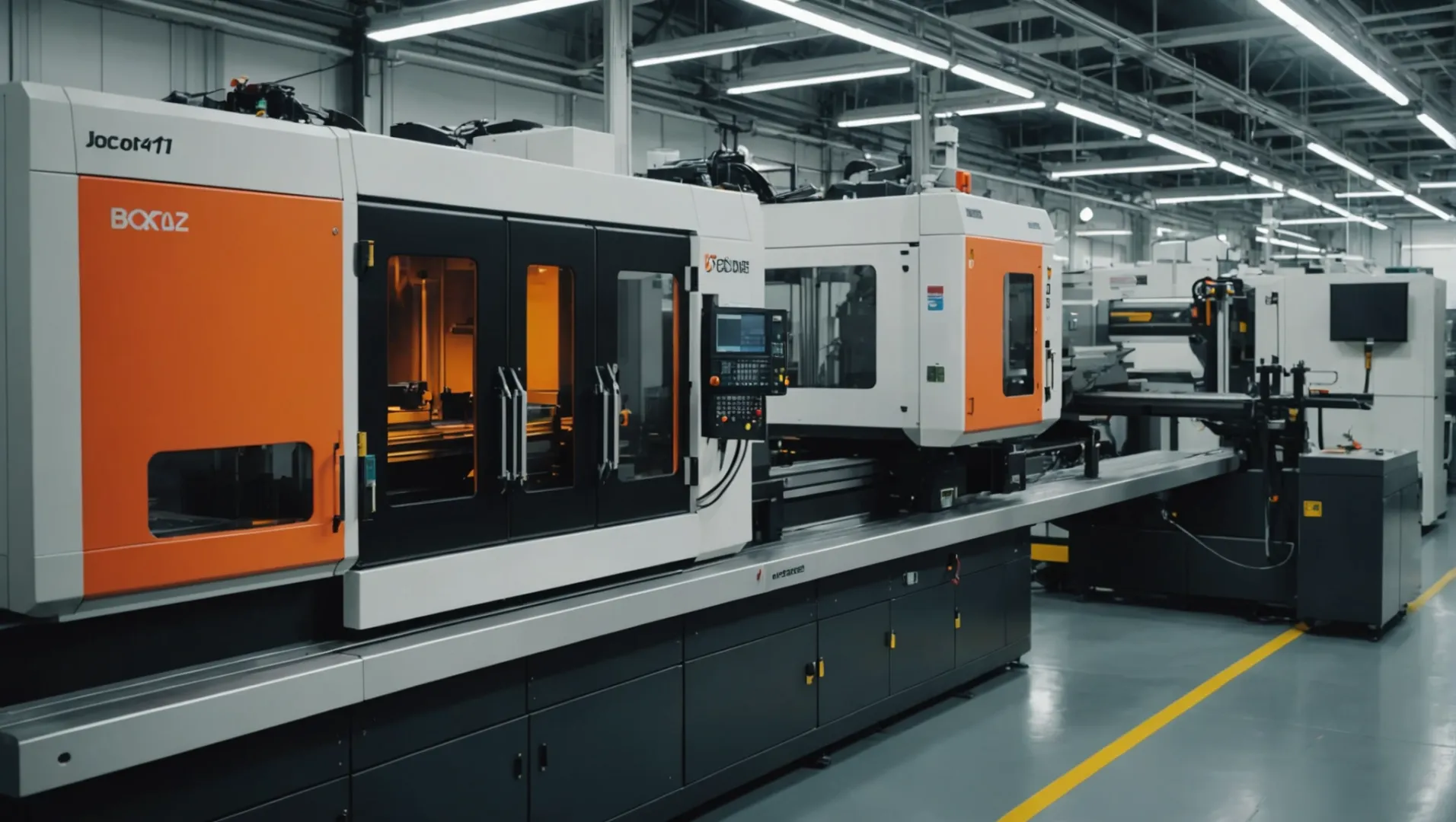 Precision injection molding machine in operation with plastic parts