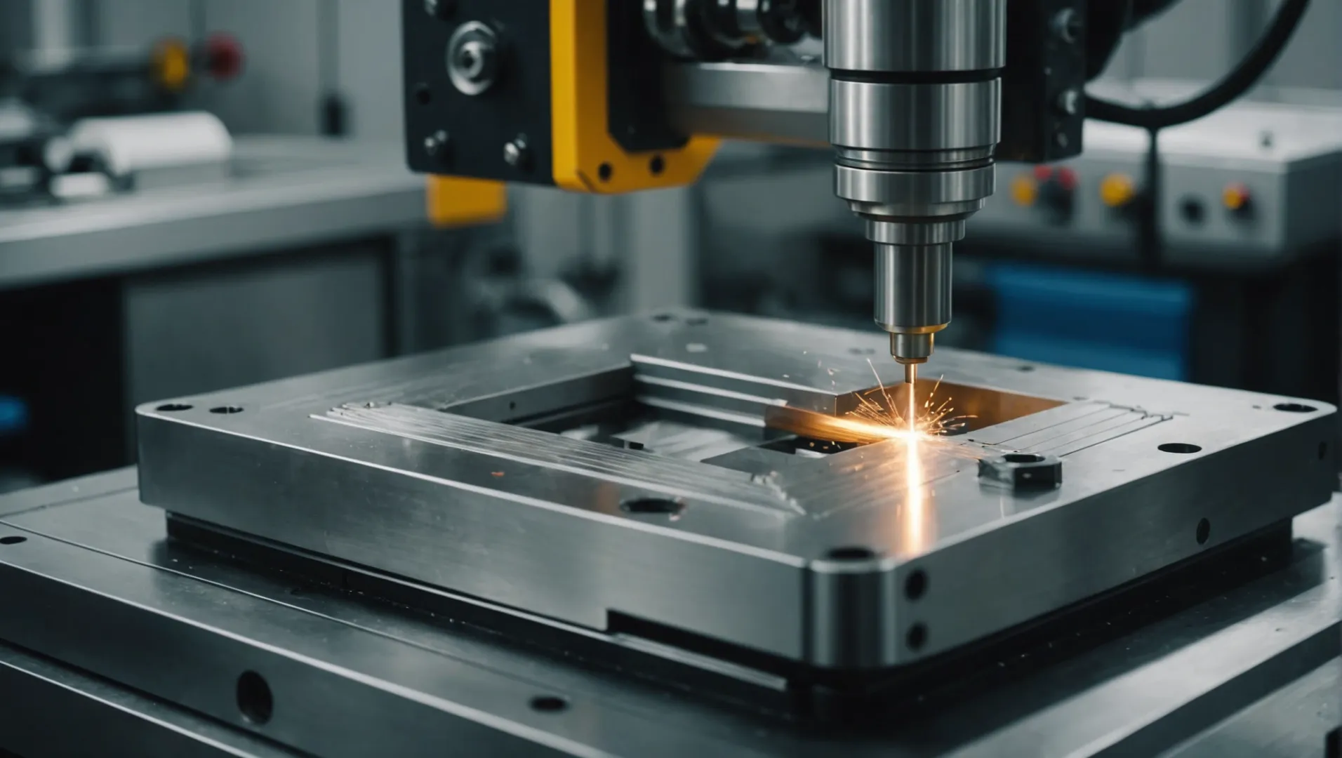 Close-up of precision machining process on a metal mold.