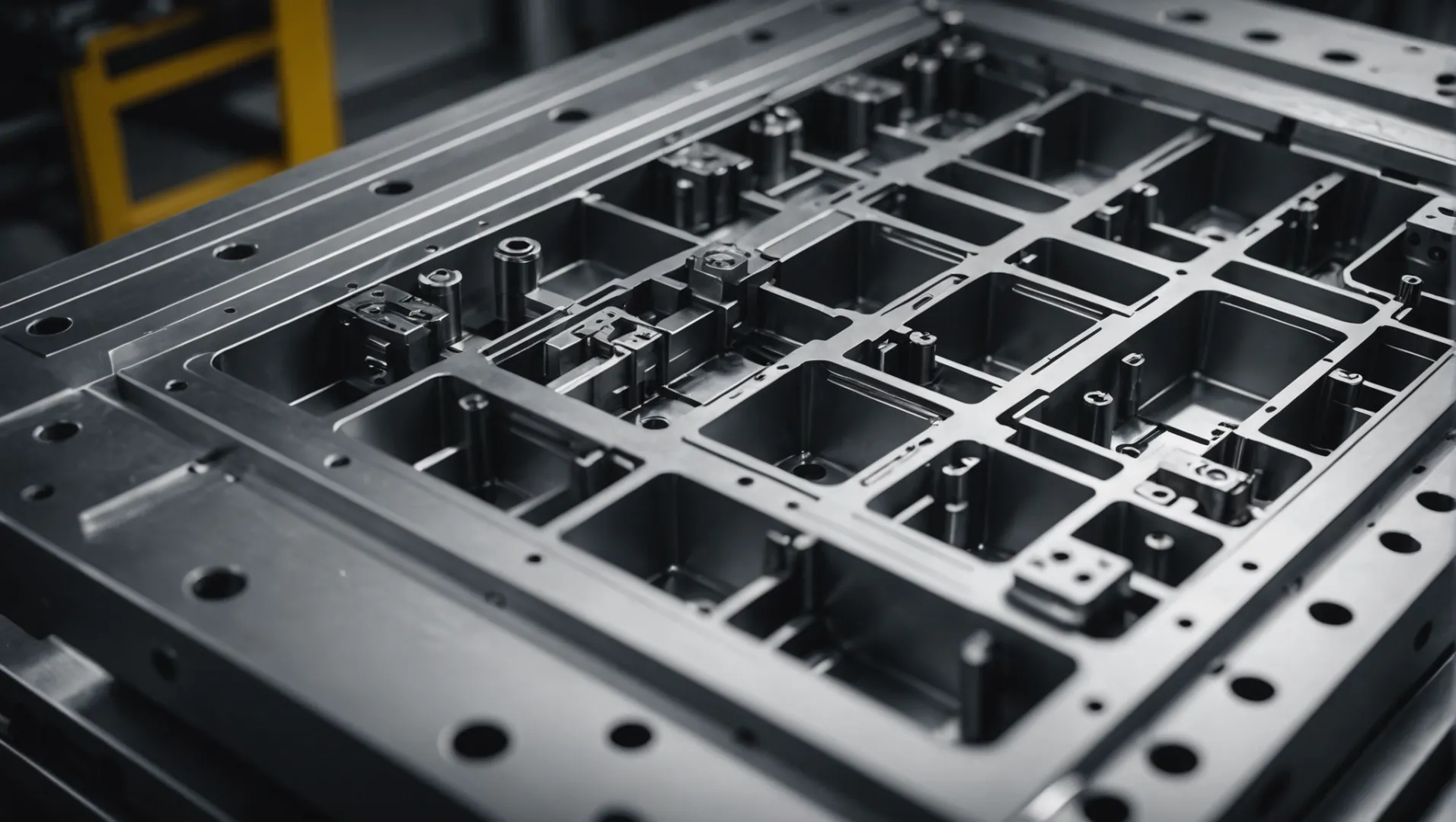 A highly detailed injection mold design with visible precision components.