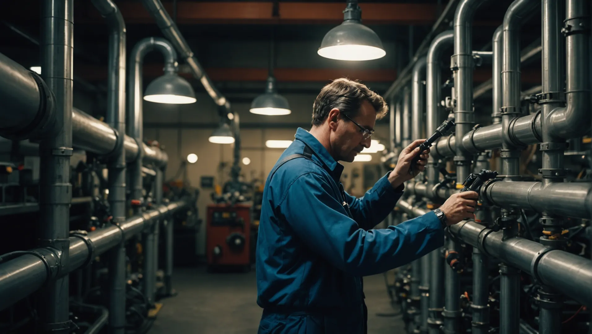 Technician inspecting cooling pipe system for blockages