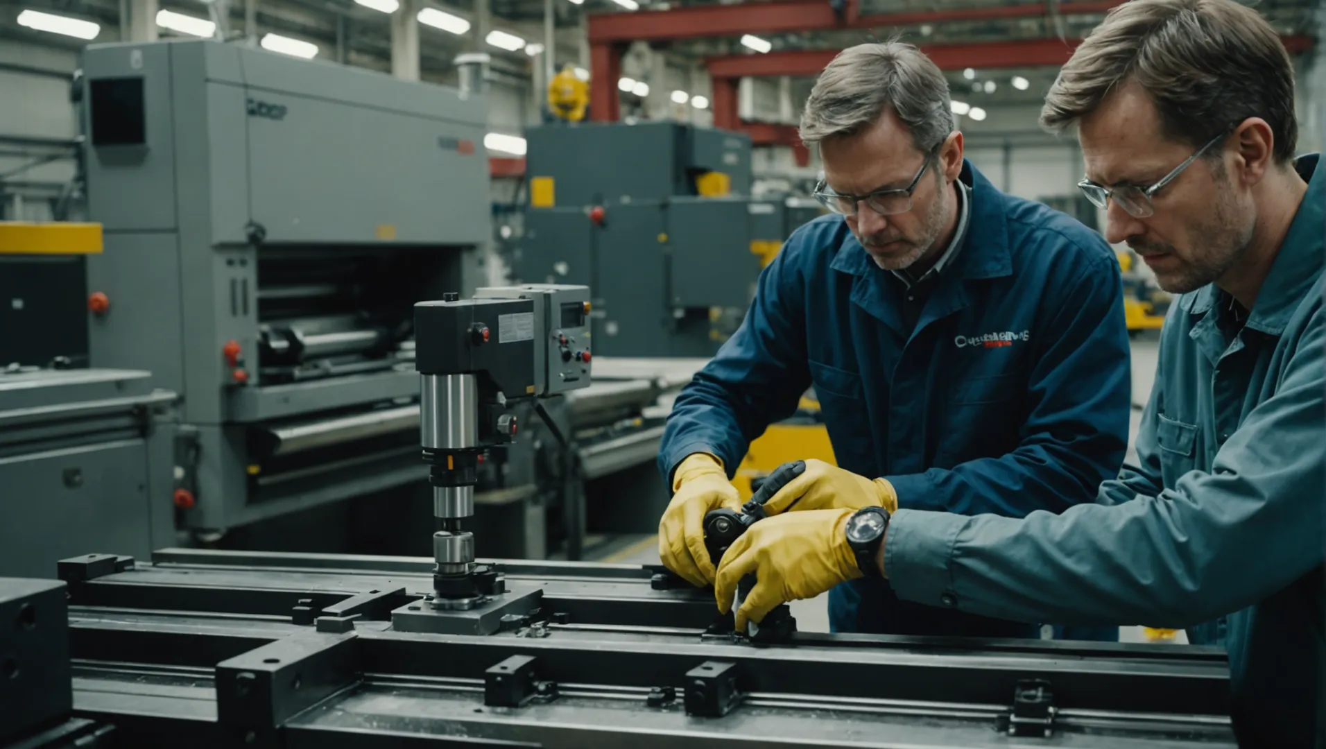 A technician inspecting an injection molding machine mold for oil stains prevention.