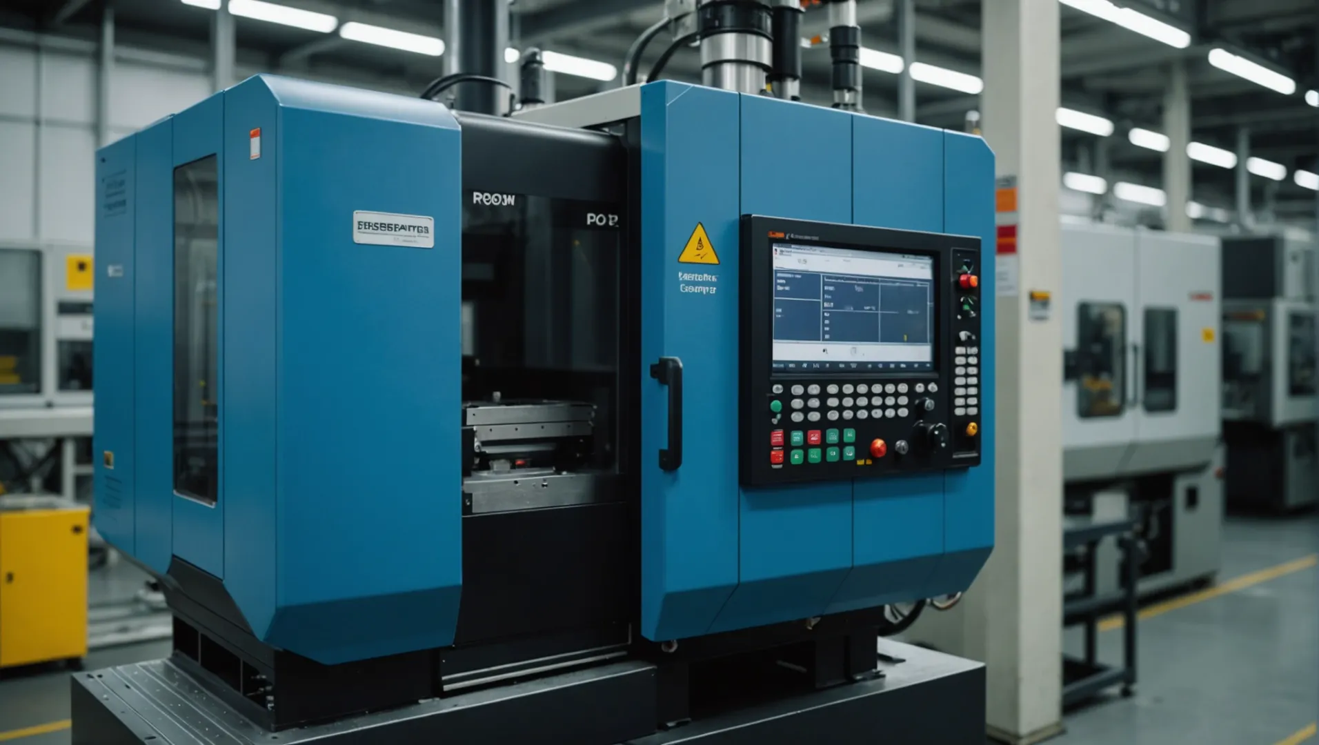 Industrial injection molding machine with focus on controls and materials in a humid environment.