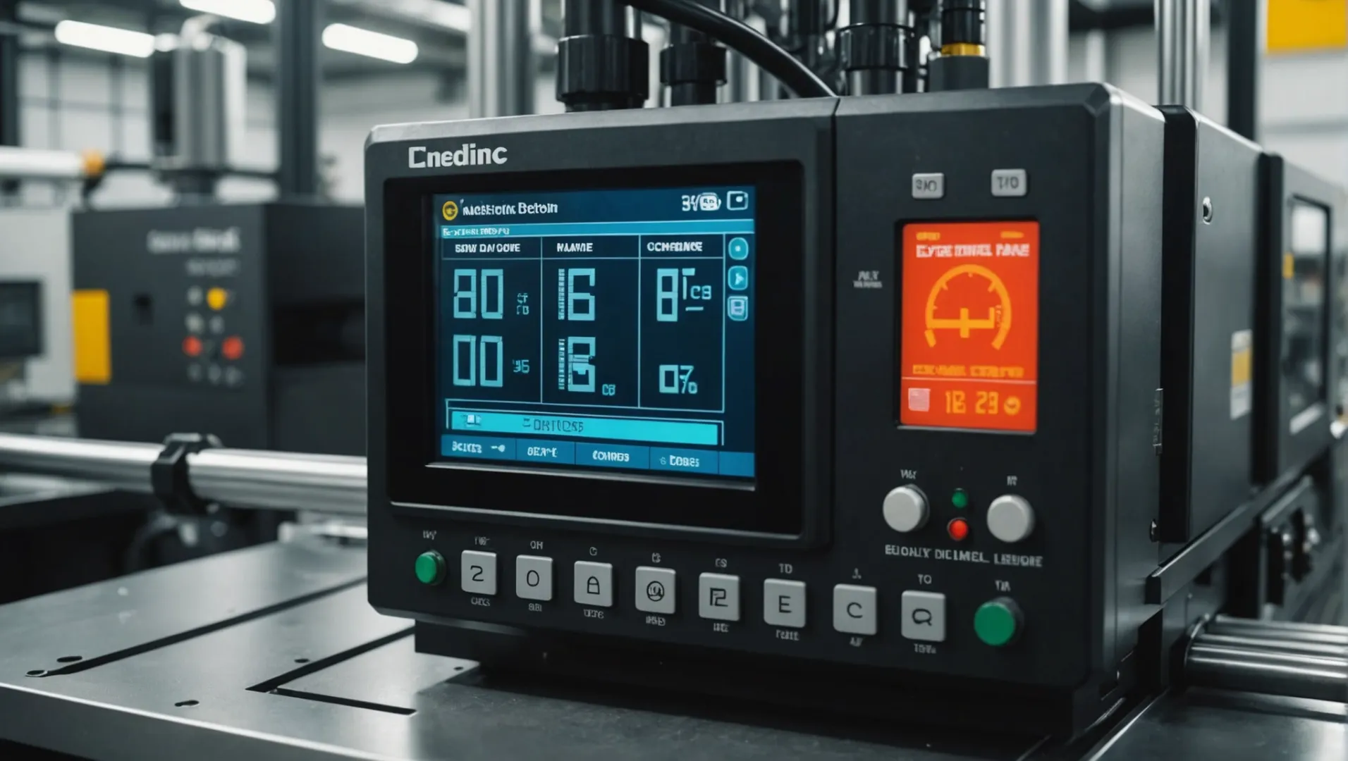 Close-up of an industrial injection molding machine with glowing control panels and a cooling system in action.