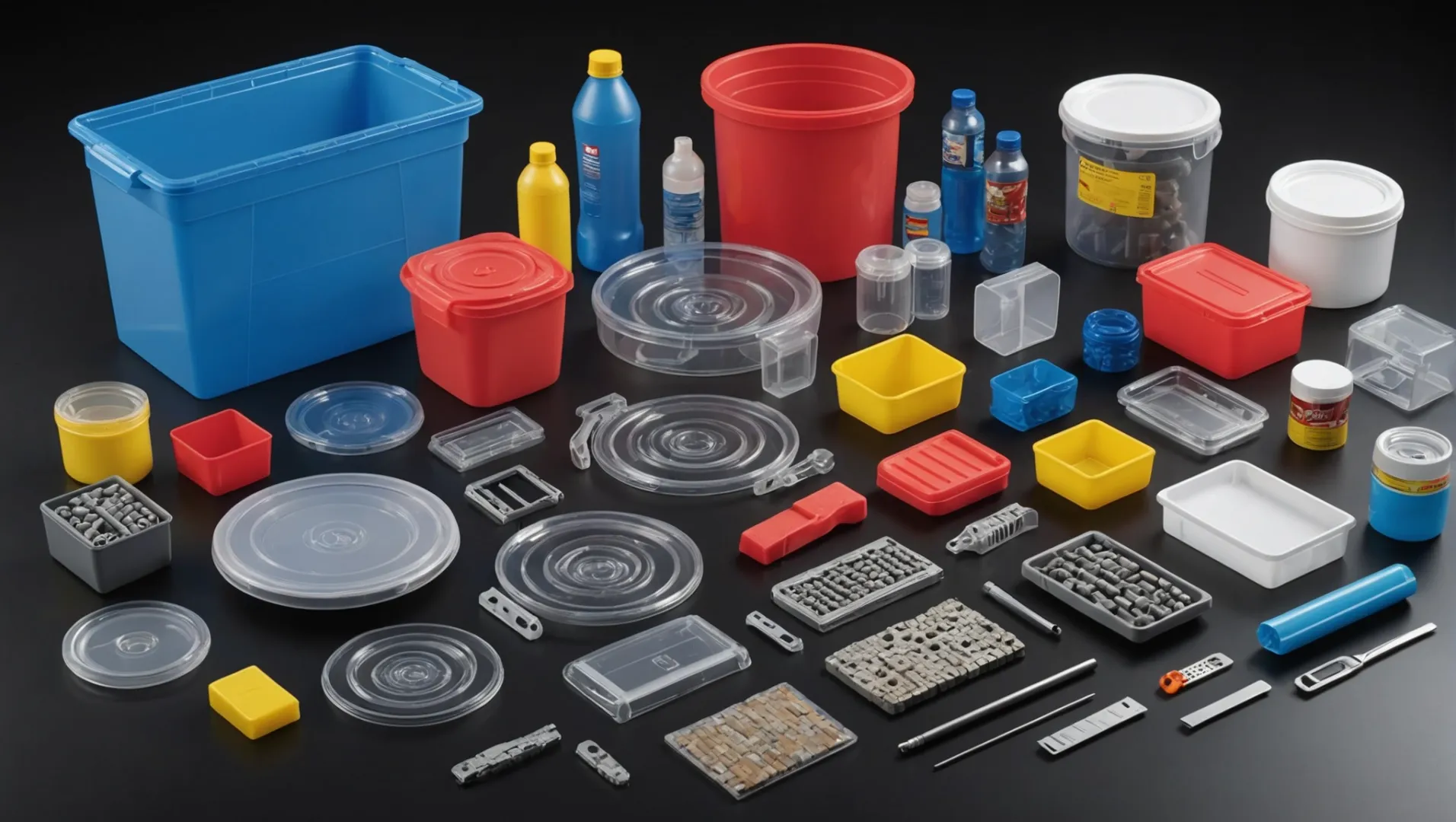 A variety of plastic products with different sizes and textures next to a hot runner system schematic.