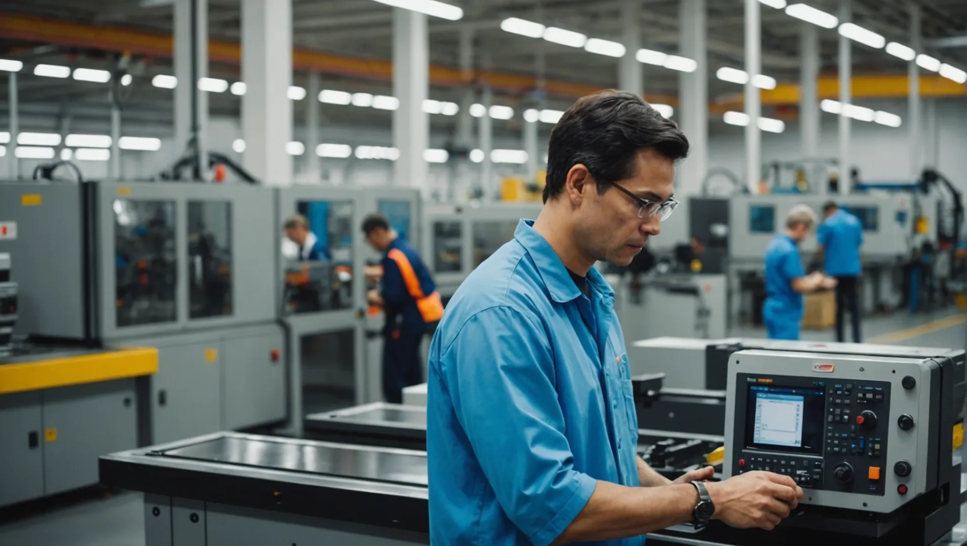 A busy injection molding factory floor with operators managing machines and quality checks being conducted.