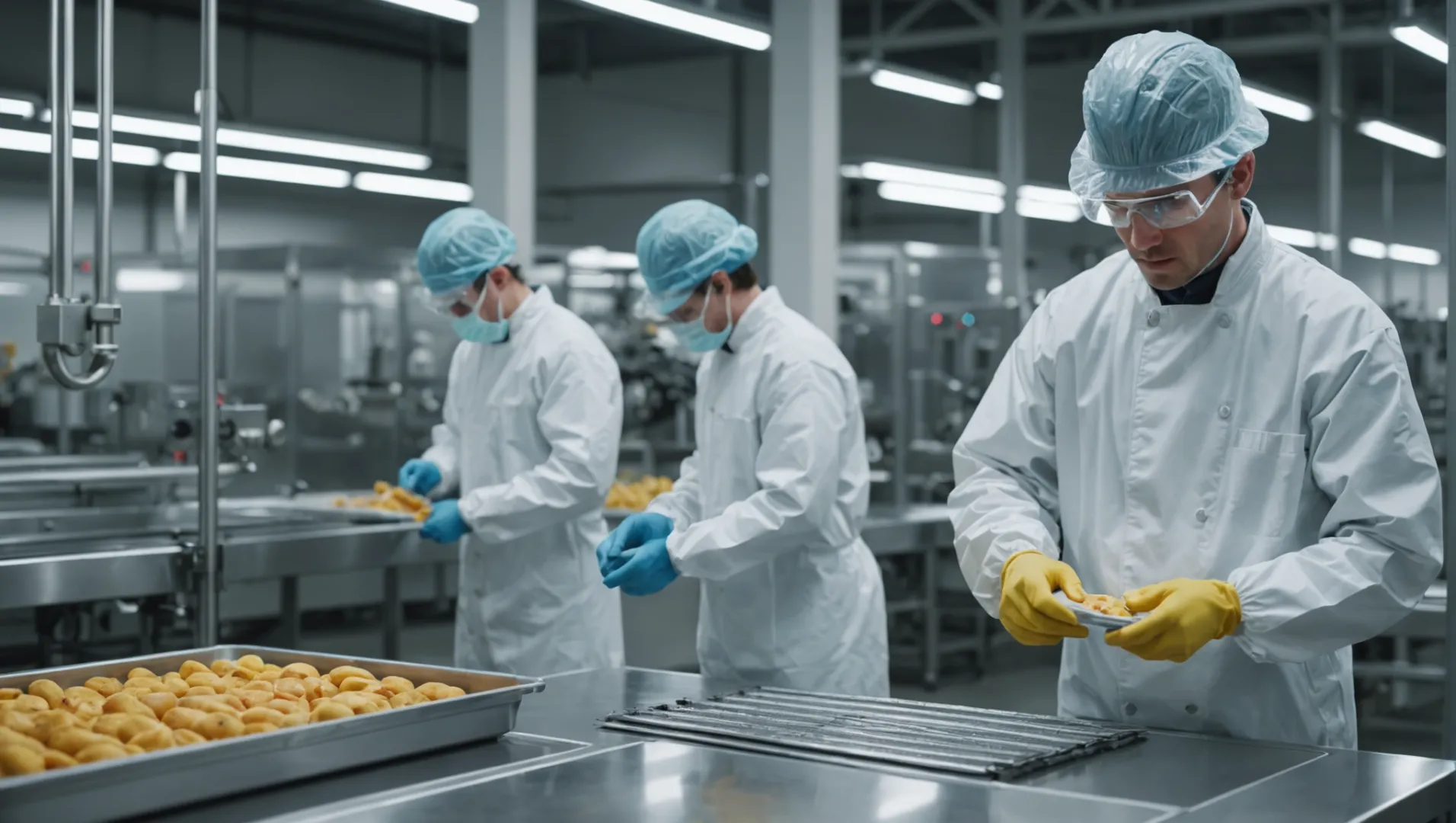 A clean and organized food packaging production facility with workers in protective clothing inspecting machinery.