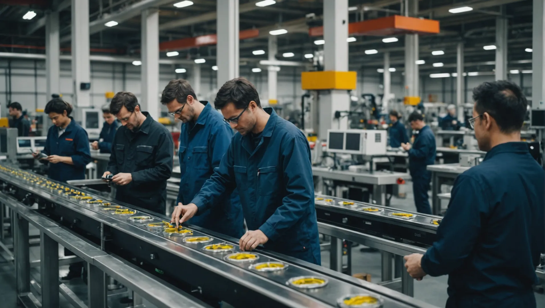 An industrial factory setting with workers conducting quality checks on products using advanced monitoring systems.