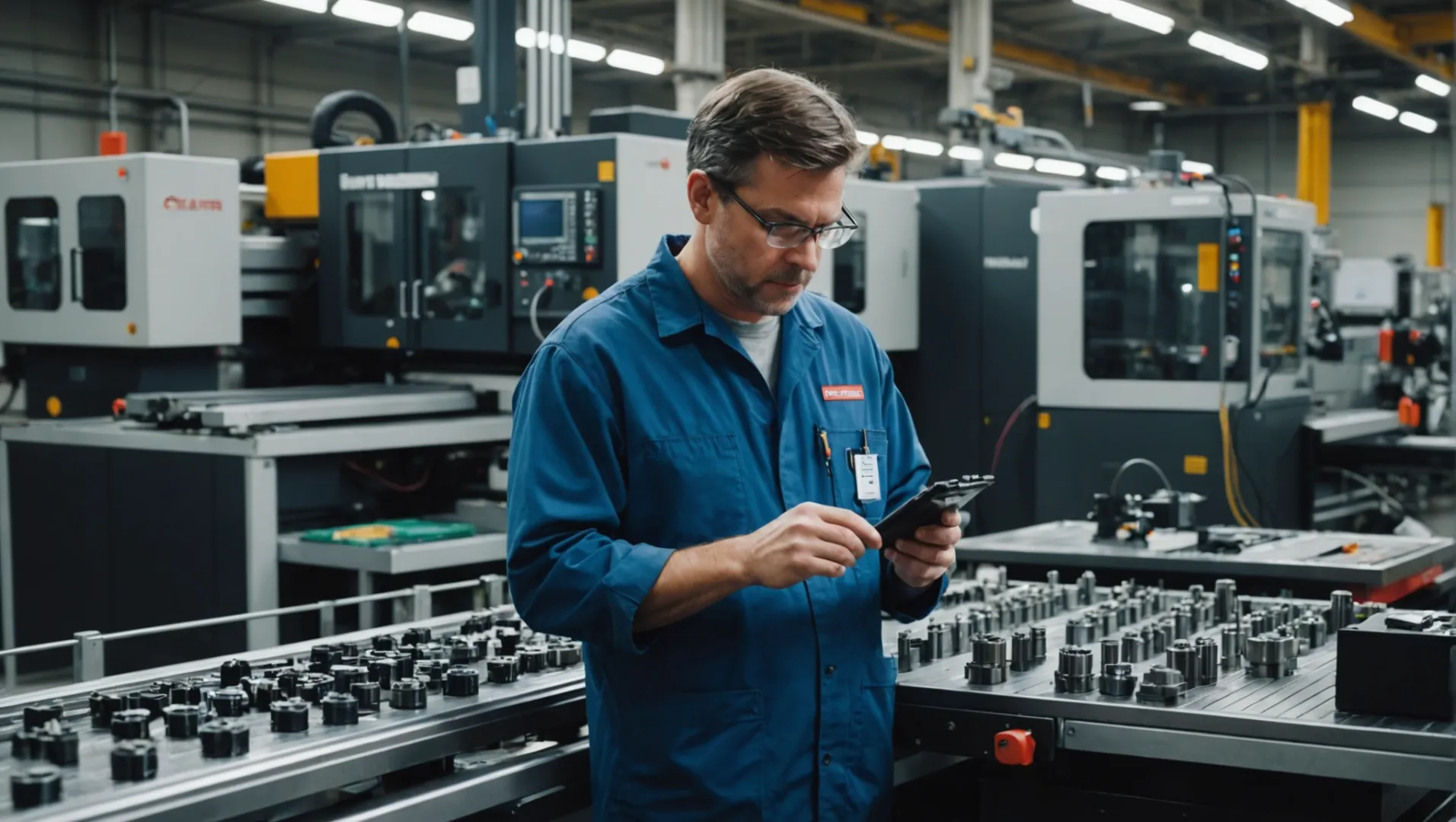 Technician inspecting plastic parts on an injection molding machine